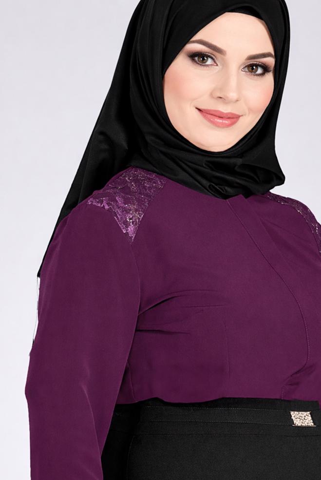 Hijab clothing PURPLE EMBROIDERED CUFFS AND SHOULDERS BLOUSE 2680 - ALVİNA