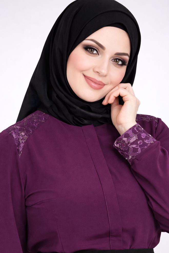 Hijab clothing PURPLE EMBROIDERED CUFFS AND SHOULDERS BLOUSE 2680 - ALVİNA