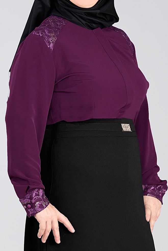 Vêtements hijab POURPRE BLOUSE BRODÉE AUX POIGNETS ET AUX ÉPAULES 2680 - ALVİNA