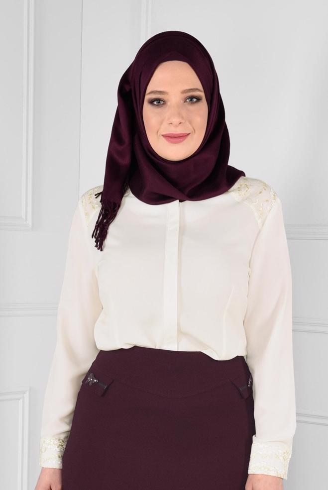 Vêtements hijab ÉCRUE BLOUSE BRODÉE AUX POIGNETS ET AUX ÉPAULES 2680 - ALVİNA
