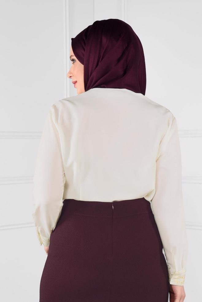 Vêtements hijab ÉCRUE BLOUSE BRODÉE AUX POIGNETS ET AUX ÉPAULES 2680 - ALVİNA