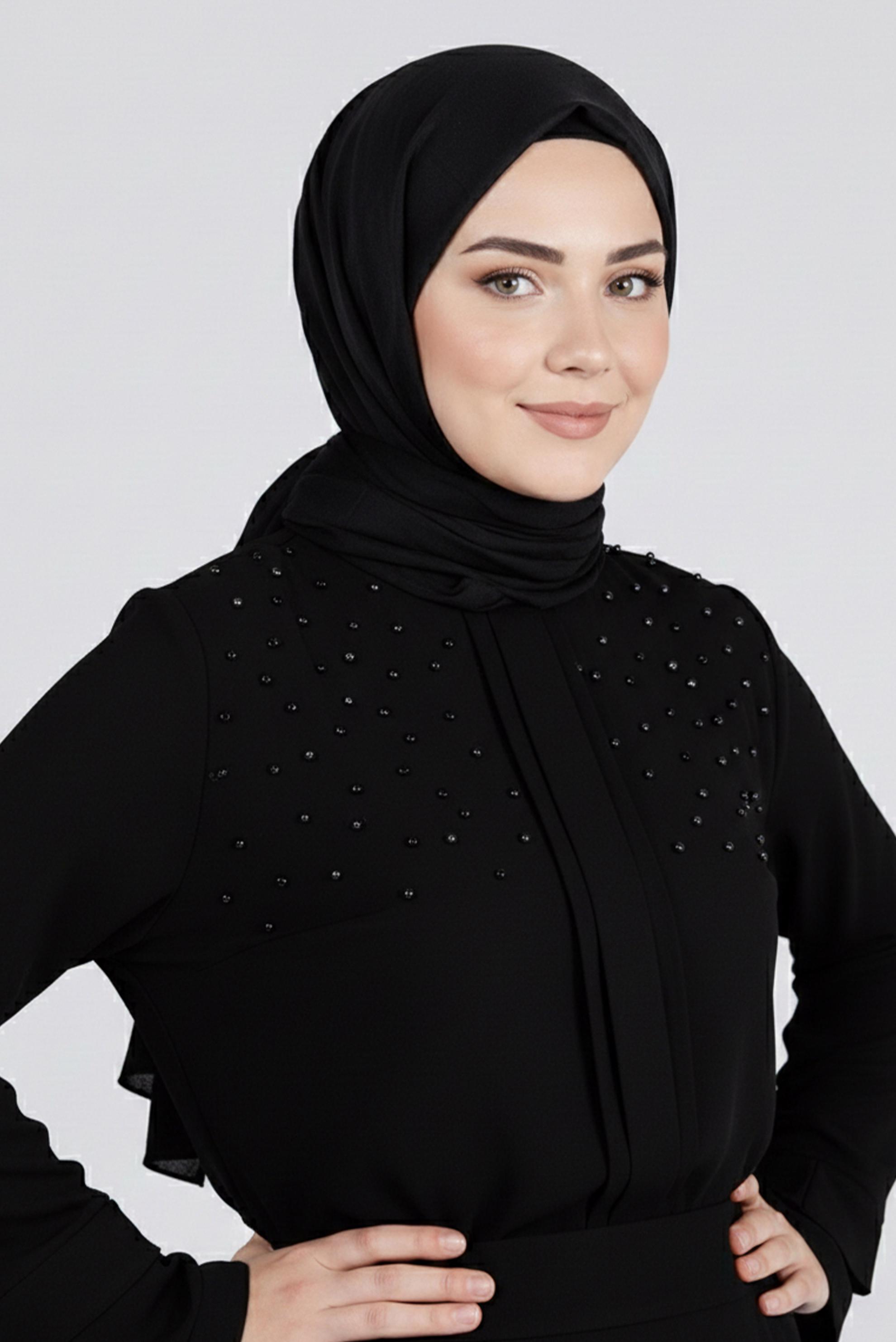 Tesettür giyim SİYAH MANŞETLERİ FIRFIRLI İNCİ DETAYLI BLUZ 2695