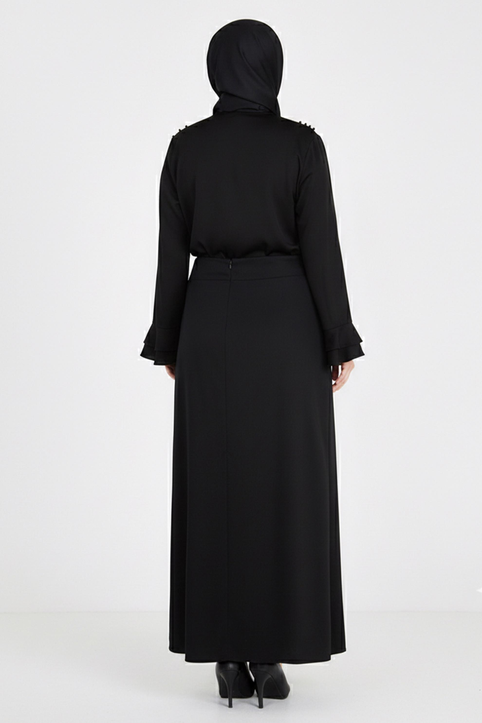 Tesettür giyim SİYAH MANŞETLERİ FIRFIRLI İNCİ DETAYLI BLUZ 2695