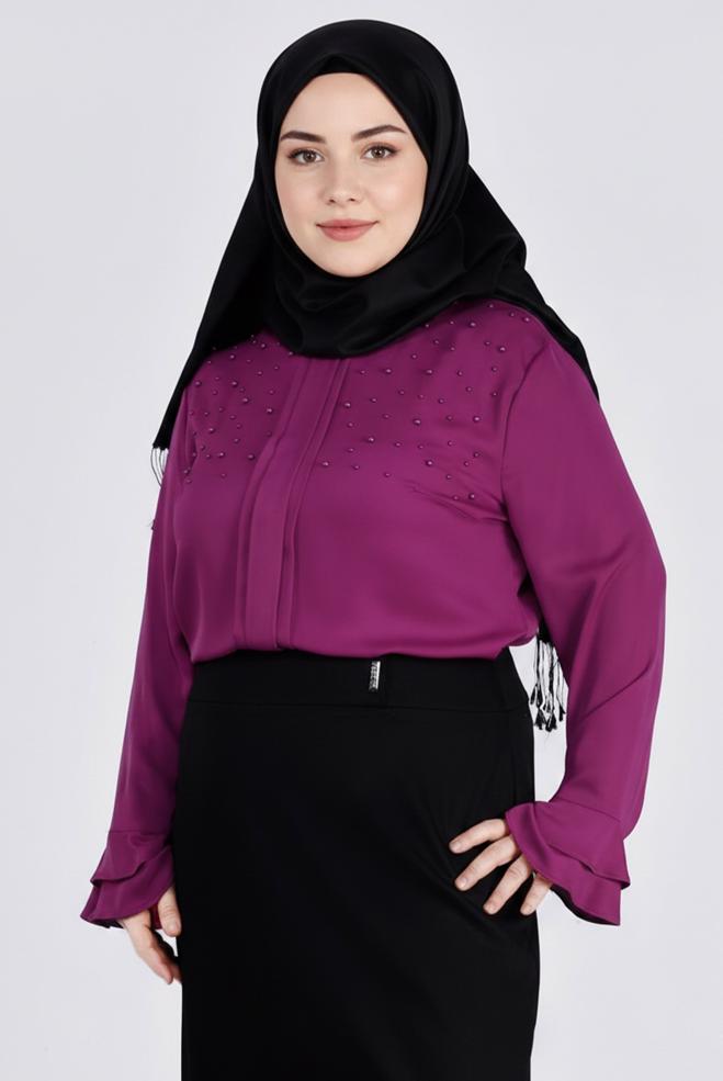 Hijab clothing PURPLE PEARL DETAILED BLOUSE WITH FRILLED CUFFS 2695 - ALVİNA