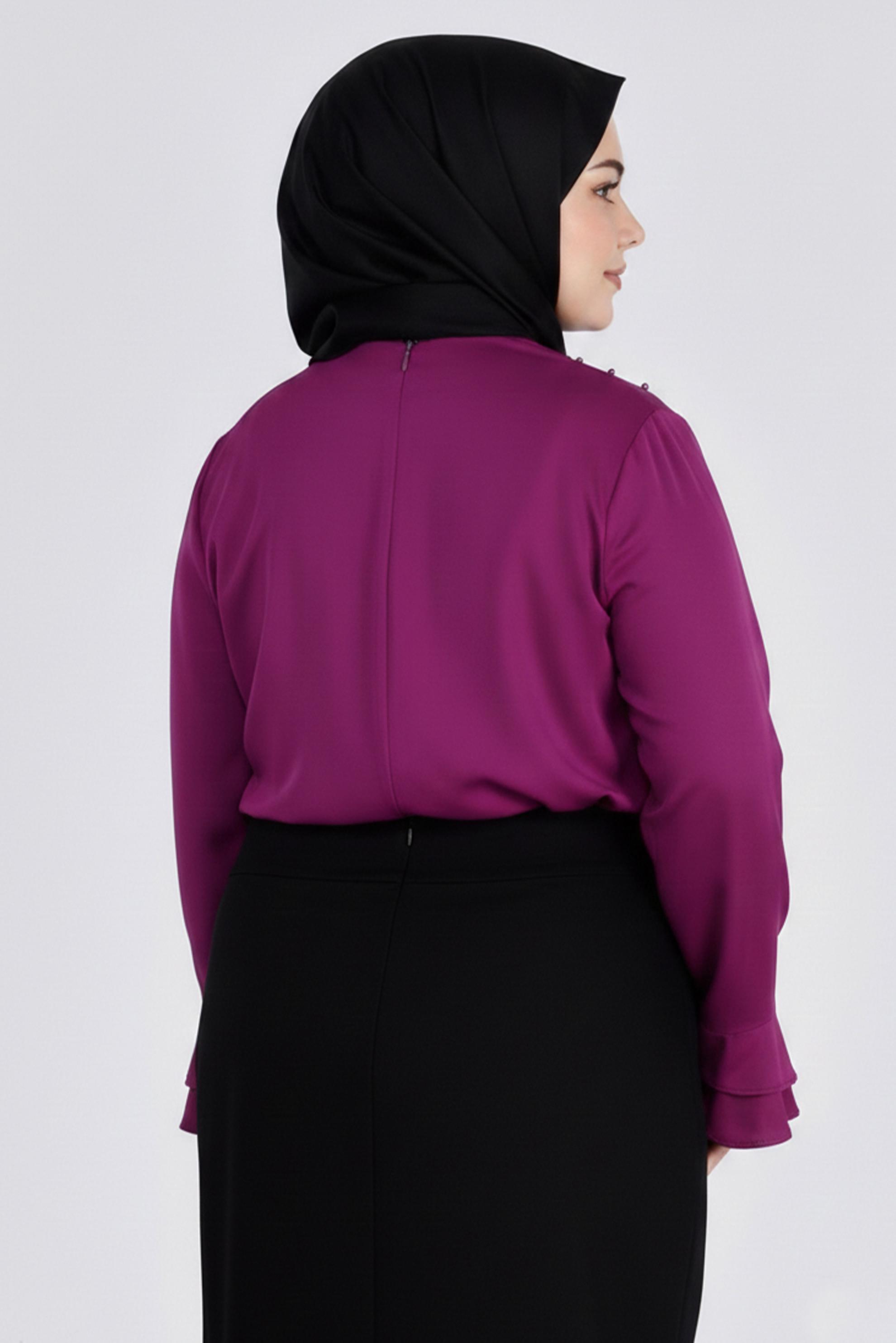 Tesettür giyim MOR MANŞETLERİ FIRFIRLI İNCİ DETAYLI BLUZ 2695