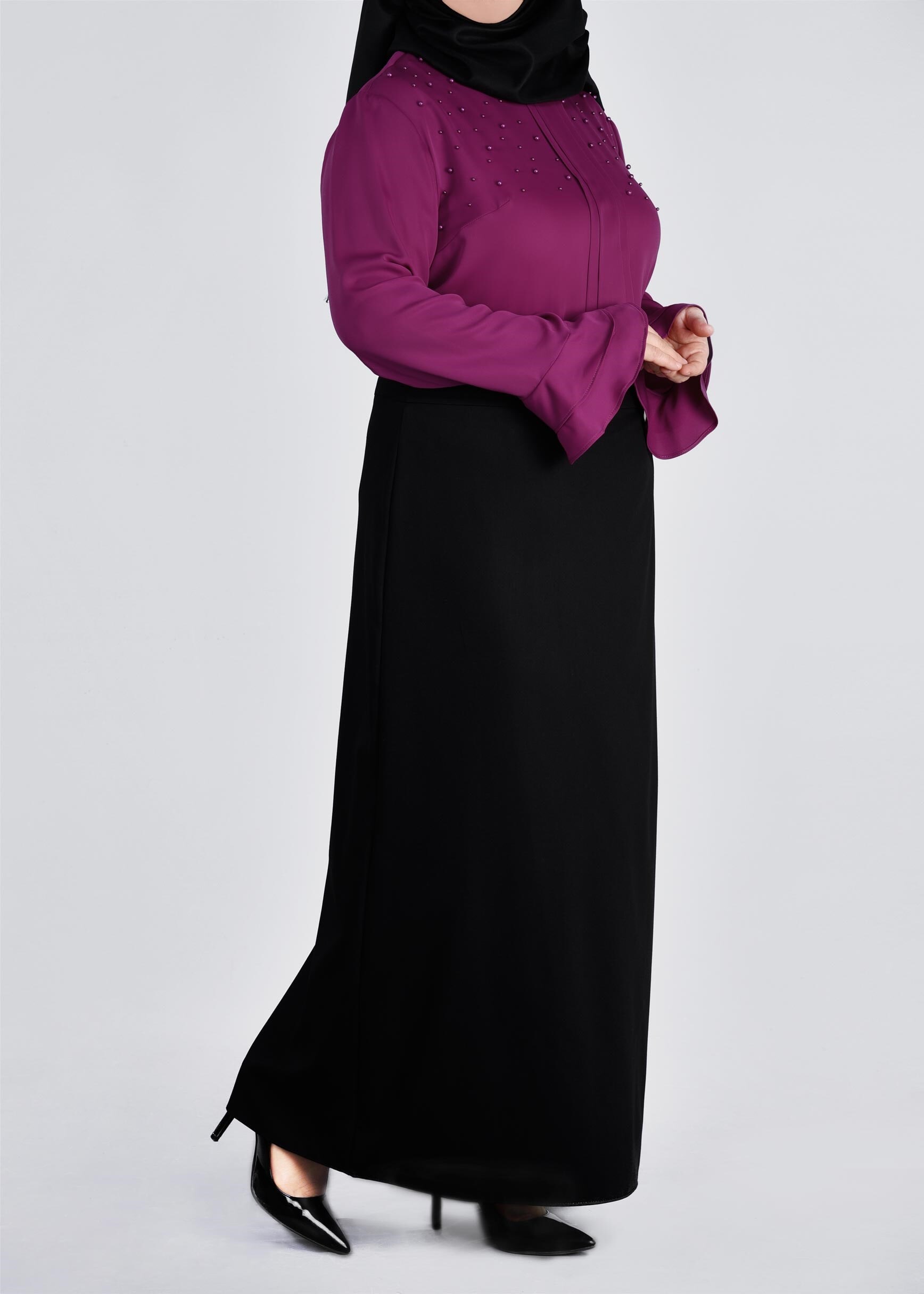 Vêtements hijab POURPRE BLOUSE DÉTAILLÉE DE PERLES ET POIGNETS À VOLANTS 2695