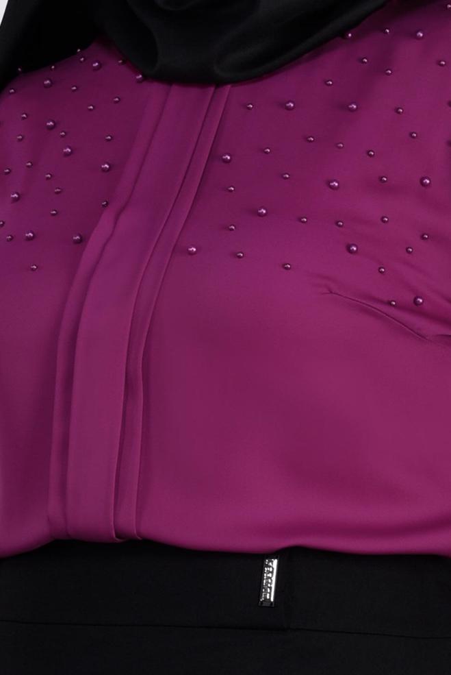 Vêtements hijab POURPRE BLOUSE DÉTAILLÉE DE PERLES ET POIGNETS À VOLANTS 2695 - ALVİNA