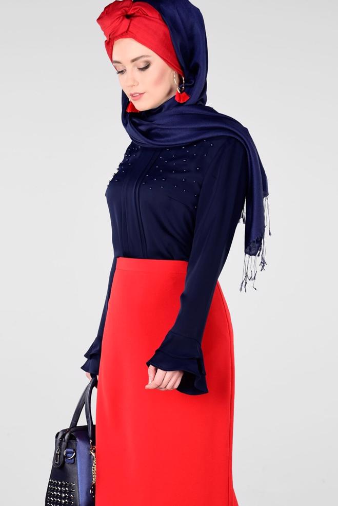 Vêtements hijab BLEU MARINE BLOUSE DÉTAILLÉE DE PERLES ET POIGNETS À VOLANTS 2695 - ALVİNA