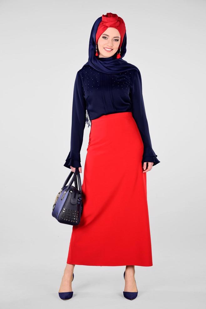 Vêtements hijab BLEU MARINE BLOUSE DÉTAILLÉE DE PERLES ET POIGNETS À VOLANTS 2695 - ALVİNA