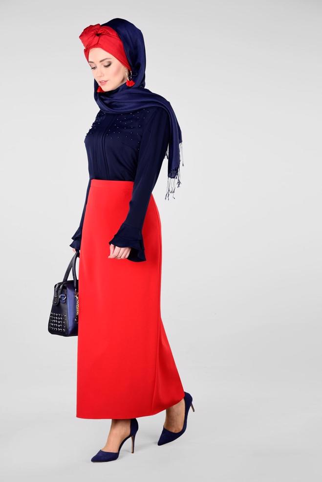Vêtements hijab BLEU MARINE BLOUSE DÉTAILLÉE DE PERLES ET POIGNETS À VOLANTS 2695 - ALVİNA