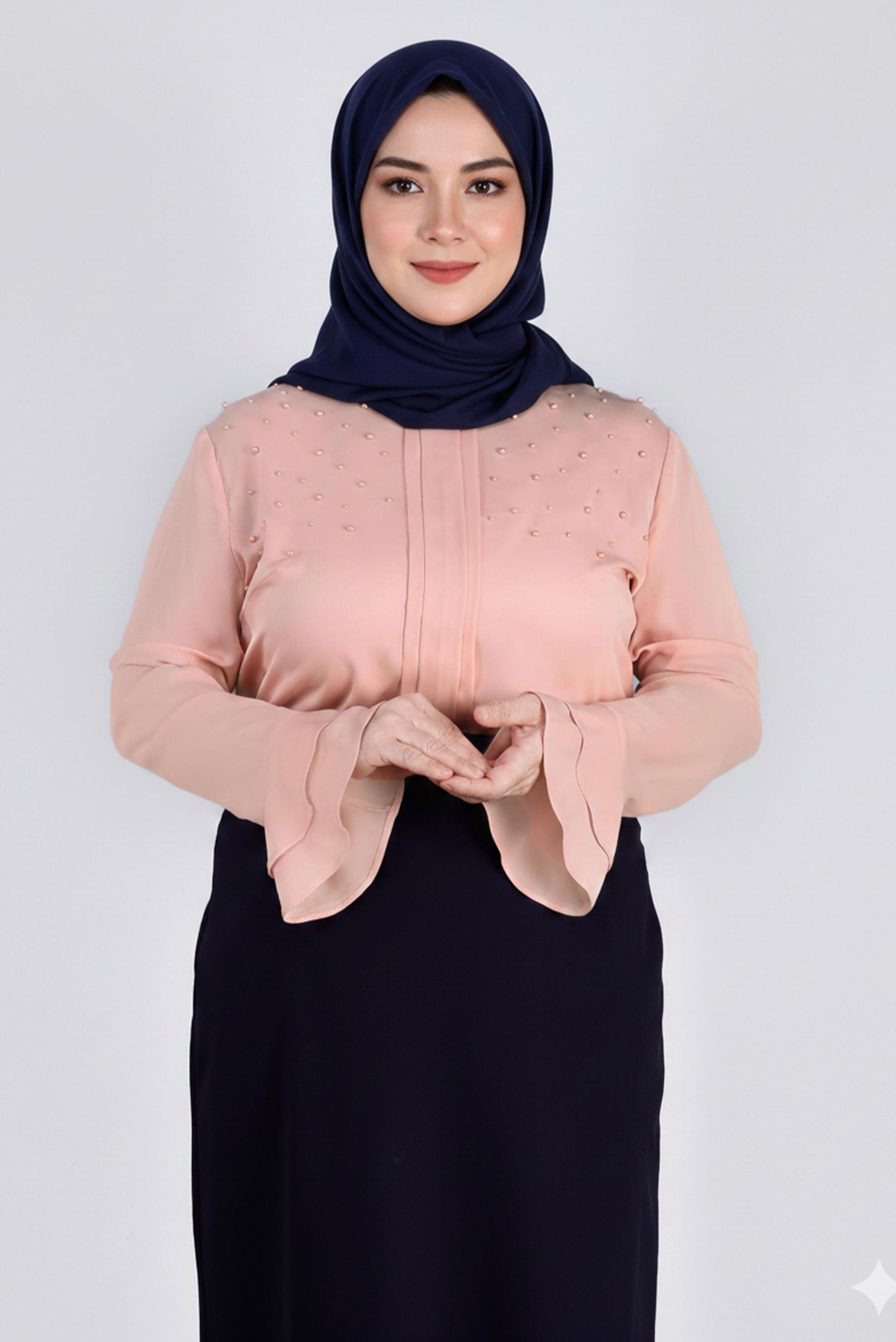 Tesettür giyim PUDRA MANŞETLERİ FIRFIRLI İNCİ DETAYLI BLUZ 2695