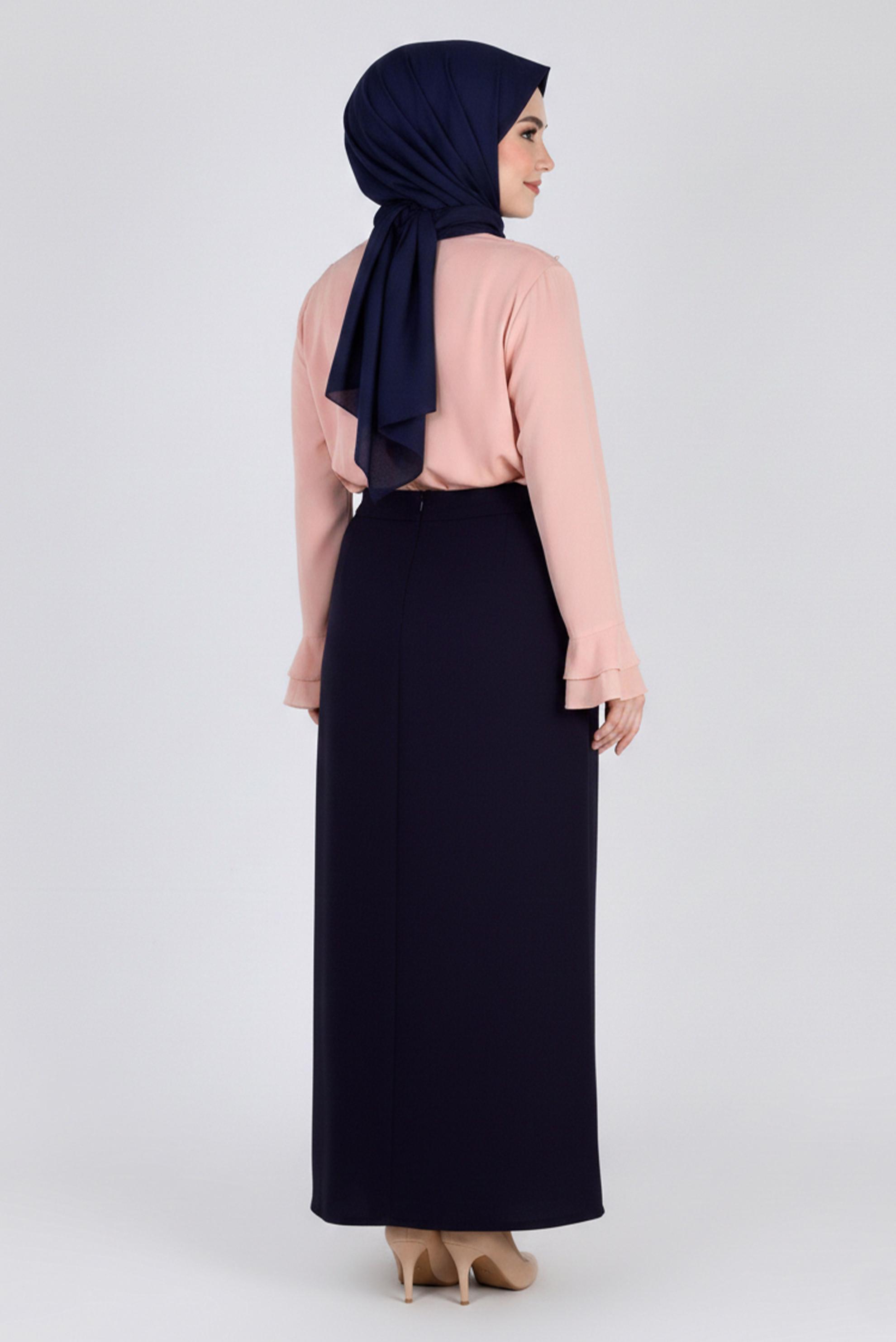 Tesettür giyim PUDRA MANŞETLERİ FIRFIRLI İNCİ DETAYLI BLUZ 2695