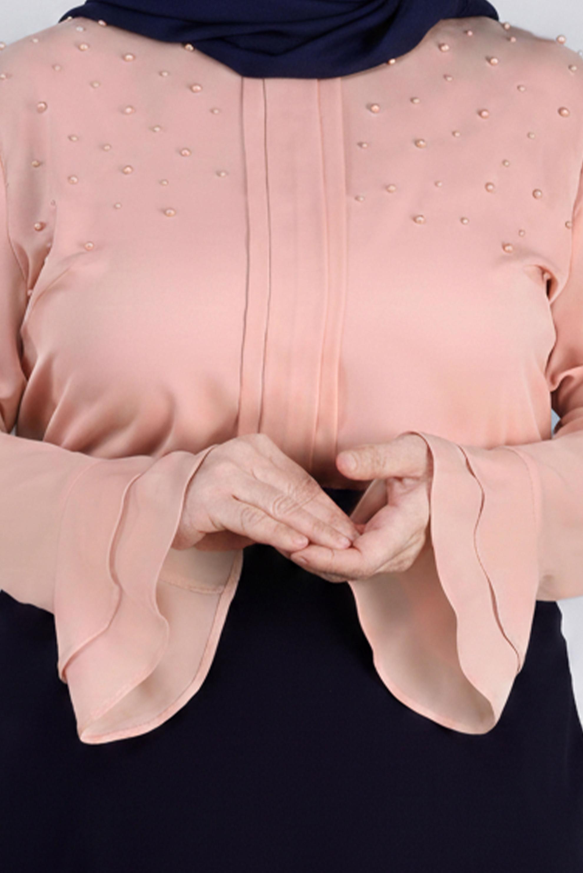 Tesettür giyim PUDRA MANŞETLERİ FIRFIRLI İNCİ DETAYLI BLUZ 2695