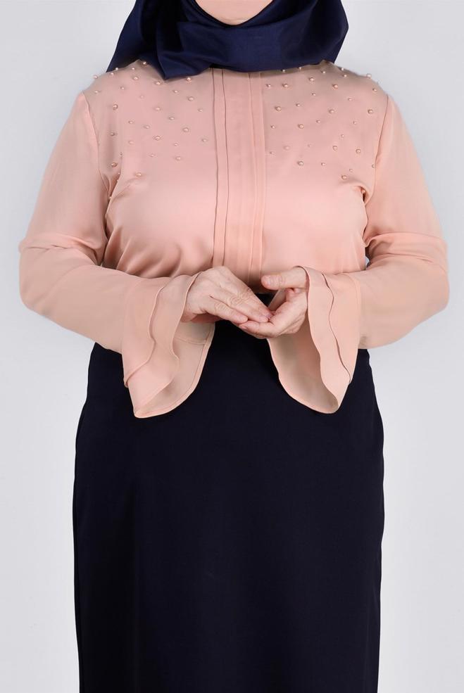 Vêtements hijab POUDRE BLOUSE DÉTAILLÉE DE PERLES ET POIGNETS À VOLANTS 2695 - ALVİNA