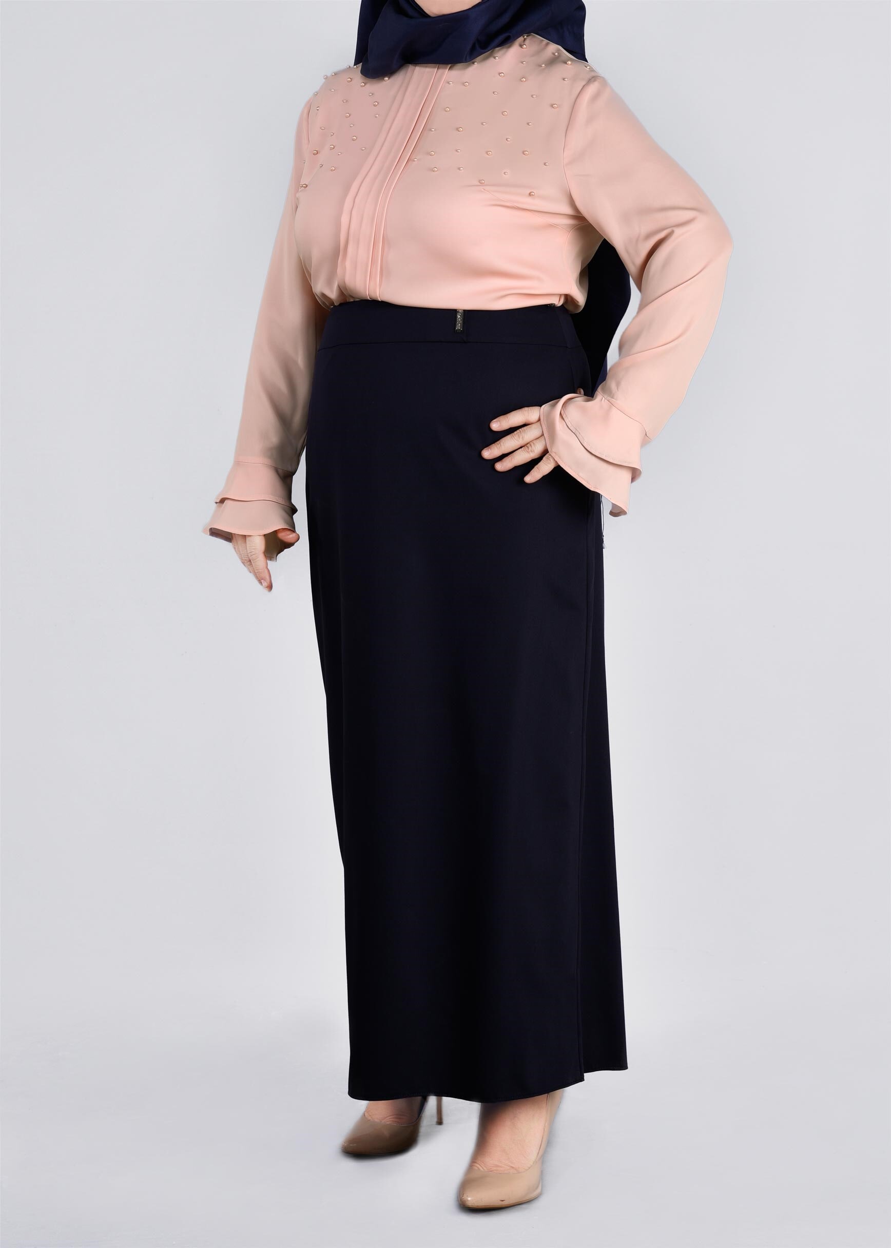 Tesettür giyim PUDRA MANŞETLERİ FIRFIRLI İNCİ DETAYLI BLUZ 2695