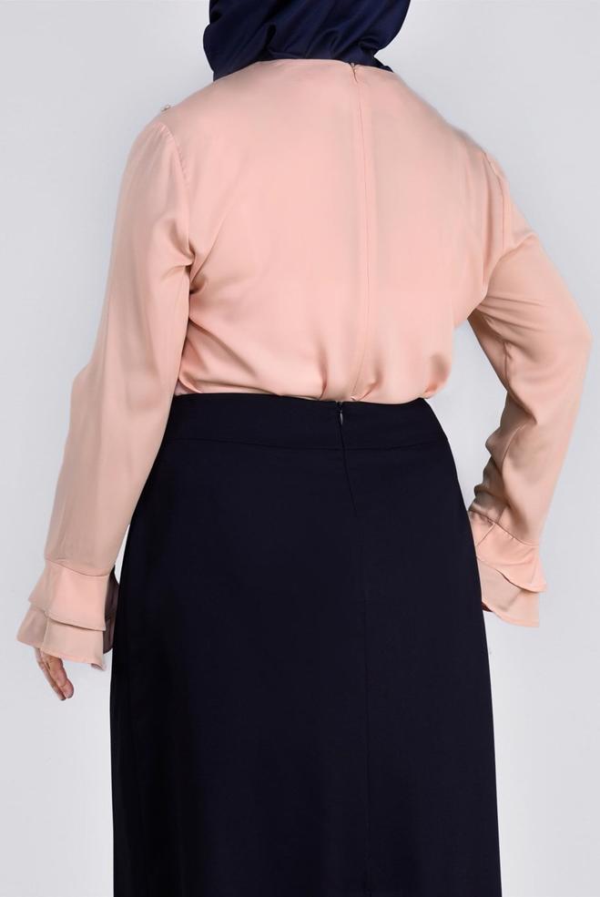 Vêtements hijab POUDRE BLOUSE DÉTAILLÉE DE PERLES ET POIGNETS À VOLANTS 2695 - ALVİNA