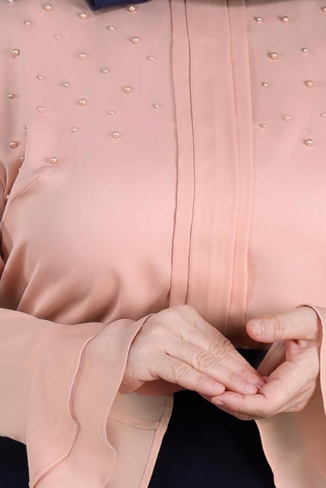Vêtements hijab POUDRE BLOUSE DÉTAILLÉE DE PERLES ET POIGNETS À VOLANTS 2695 - ALVİNA