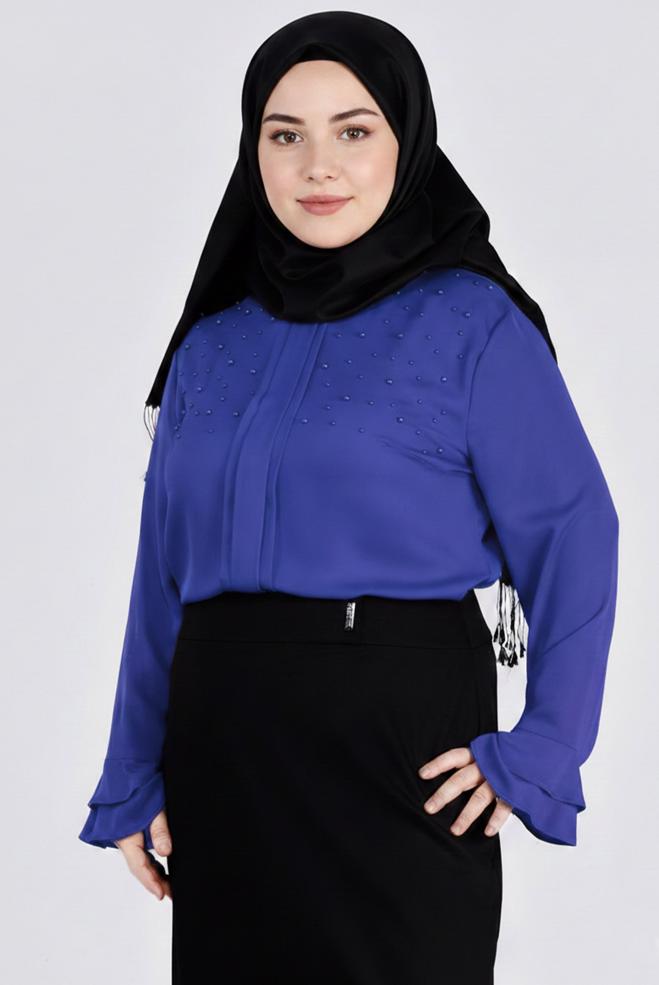 Hijab clothing NAVY BLUE PEARL DETAILED BLOUSE WITH FRILLED CUFFS 2695 - ALVİNA