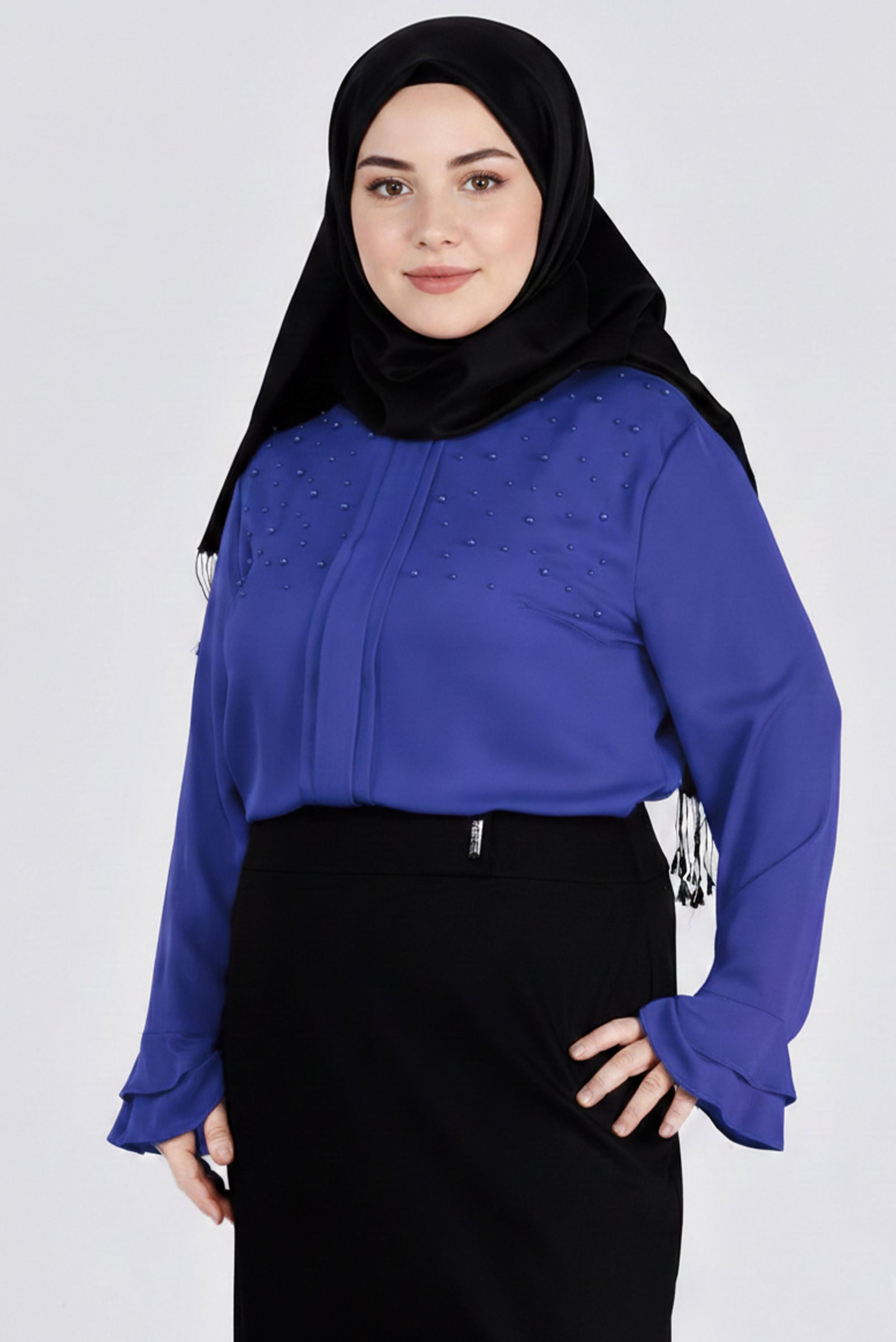 Tesettür giyim LACİVERT MANŞETLERİ FIRFIRLI İNCİ DETAYLI BLUZ 2695