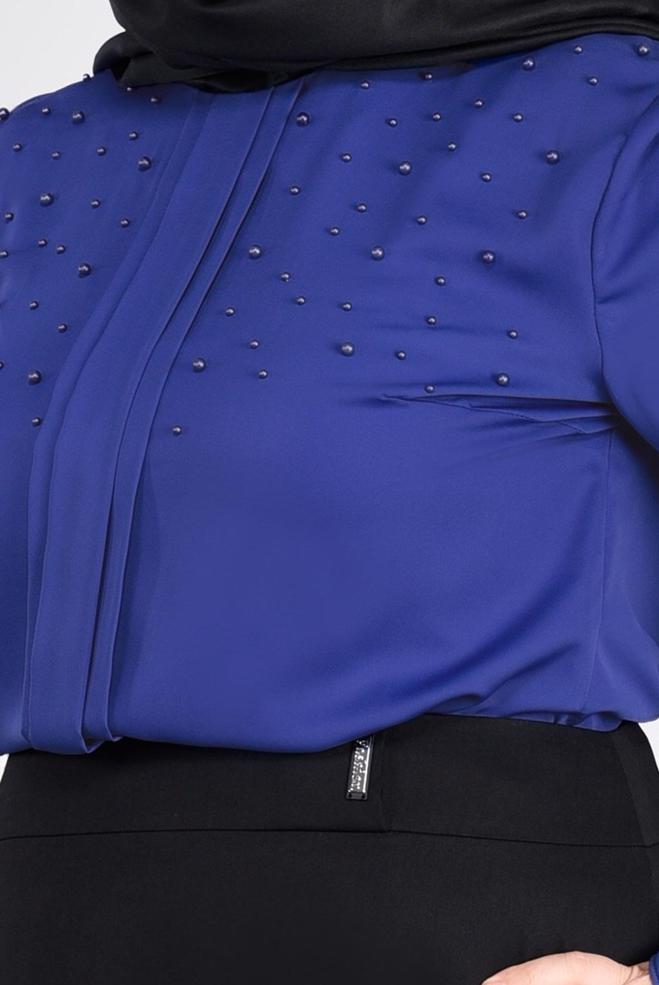 Vêtements hijab BLEU MARINE BLOUSE DÉTAILLÉE DE PERLES ET POIGNETS À VOLANTS 2695 - ALVİNA
