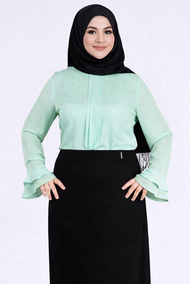 Hijab clothing GREEN PEARL DETAILED BLOUSE WITH FRILLED CUFFS 2695 - ALVİNA