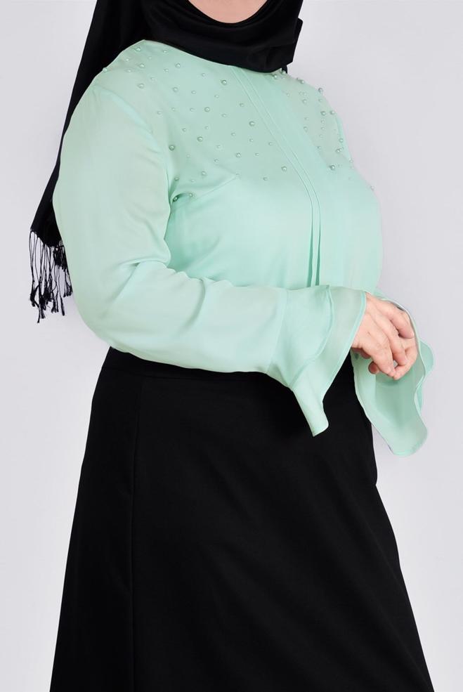 Vêtements hijab VERT BLOUSE DÉTAILLÉE DE PERLES ET POIGNETS À VOLANTS 2695 - ALVİNA