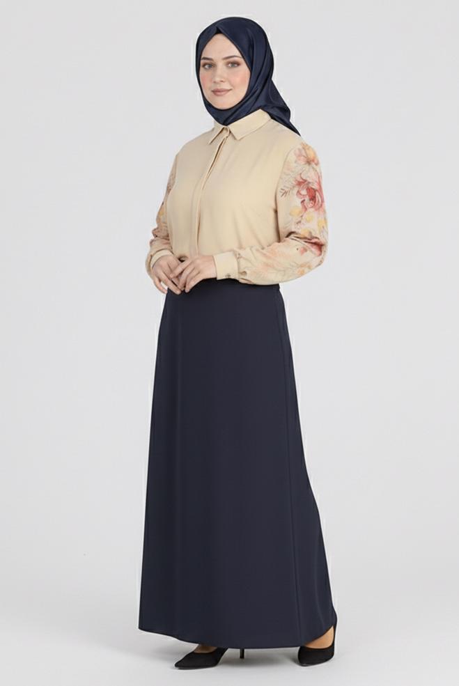 Hijab clothing BEIGE FLOWER PRINTED CREPE BLOUSE 2720 - ALVİNA