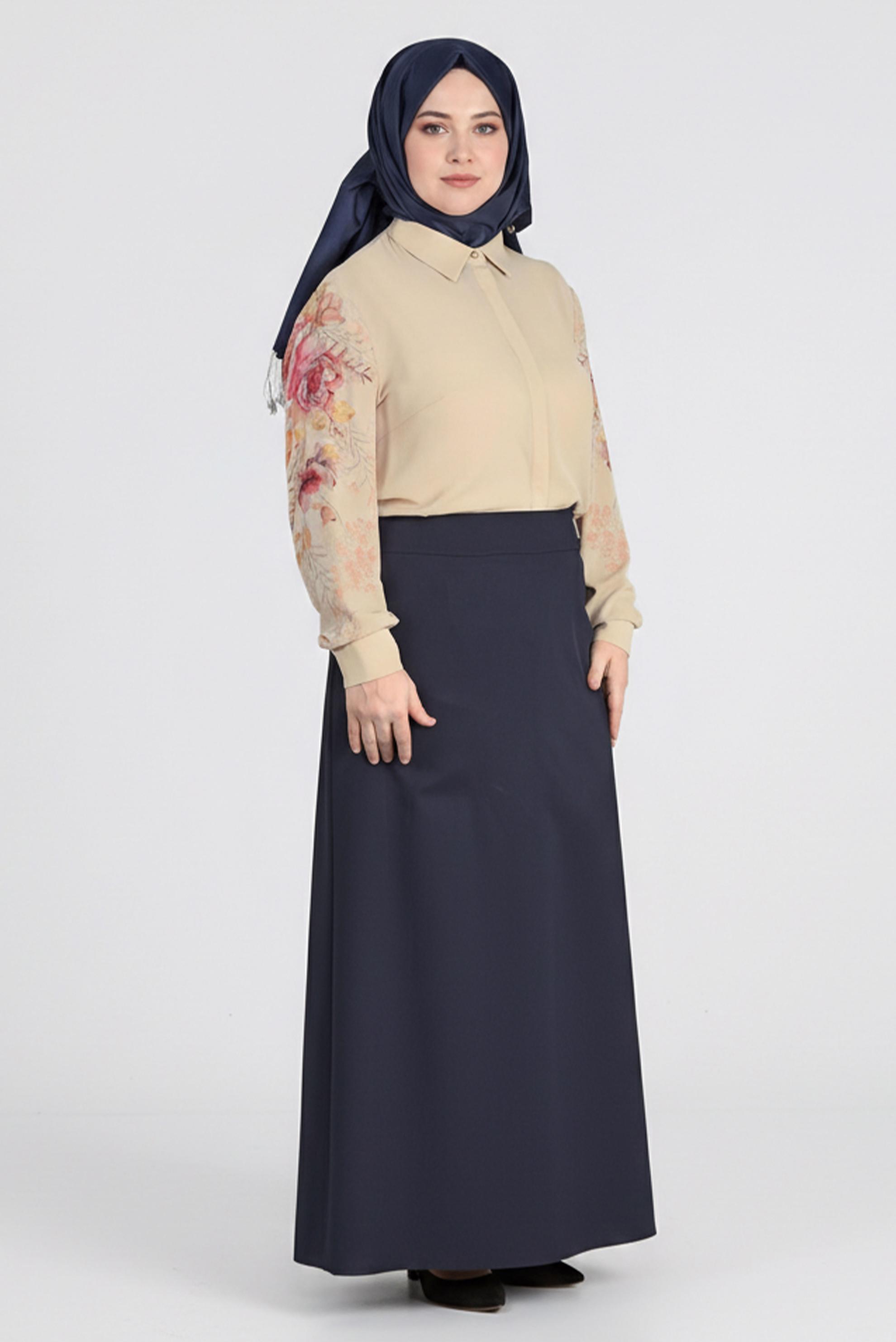Tesettür giyim BEJ KOLLARI ÇİÇEK BASKILI KREP BLUZ 2720