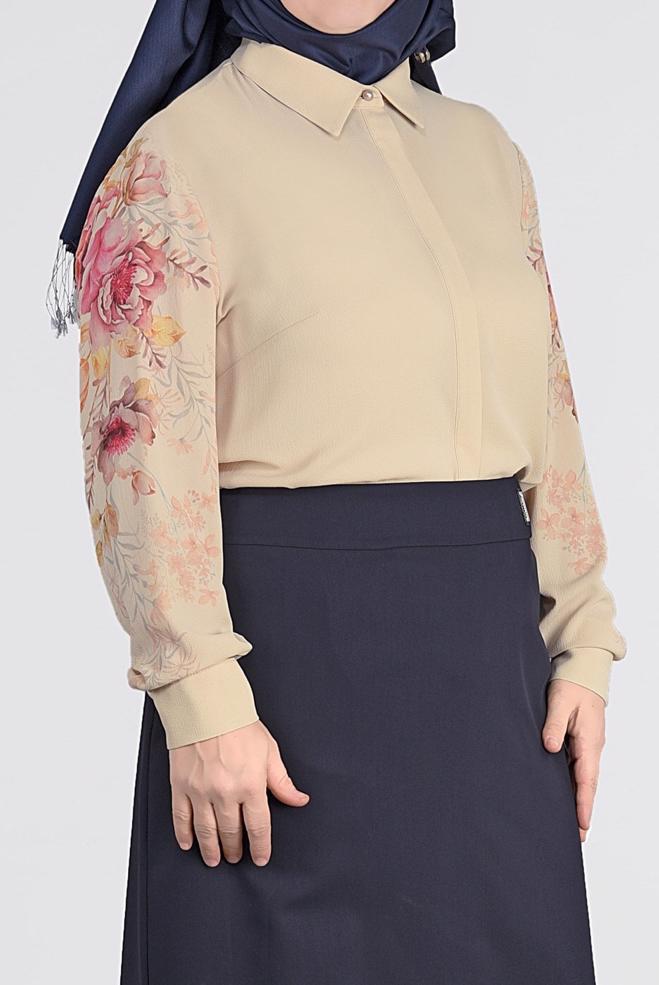 Vêtements hijab BEIGE BLOUSE EN CRÊPE IMPRIMÉ FLEURS 2720 - ALVİNA
