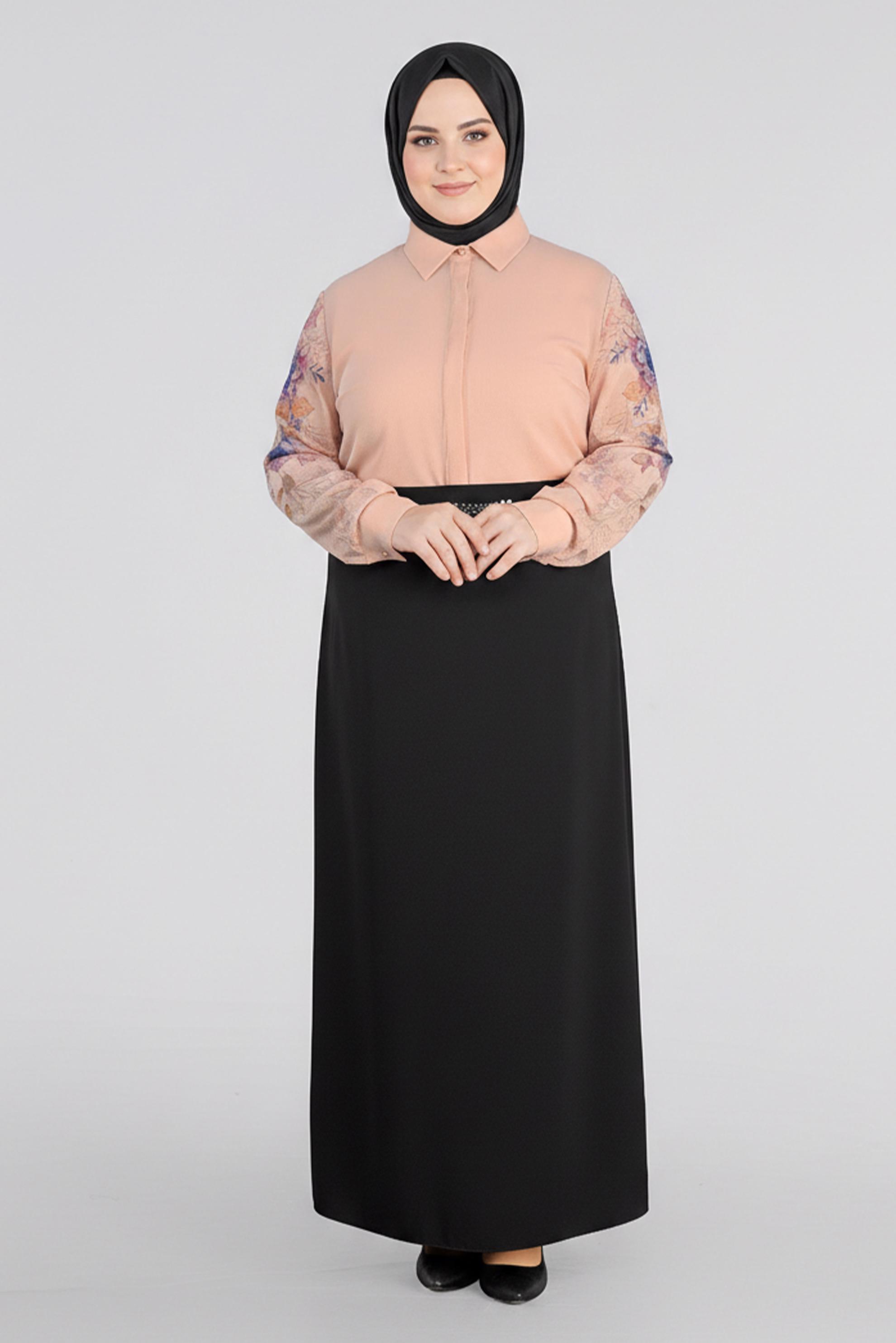 Tesettür giyim PUDRA KOLLARI ÇİÇEK BASKILI KREP BLUZ 2720