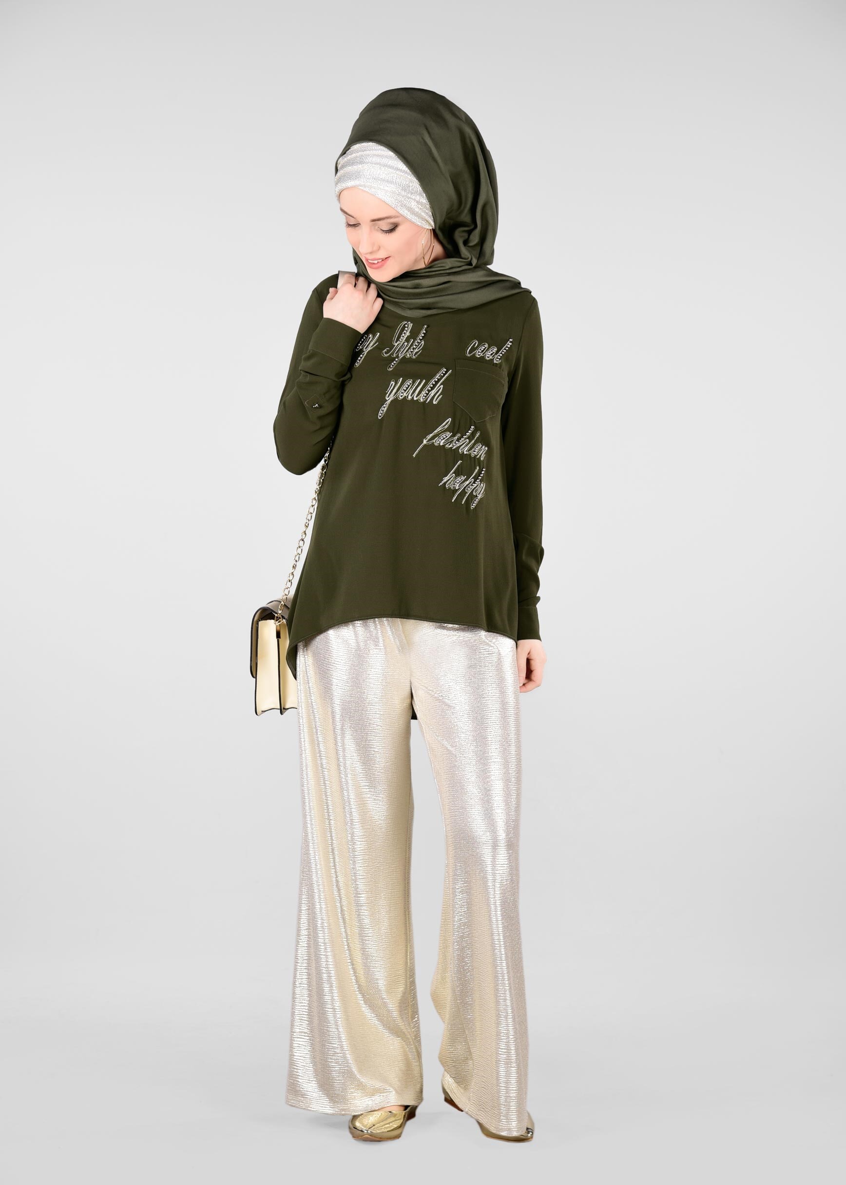 Tesettür giyim HAKİ TAŞ VE YAZI BASKILI BLUZ 4106 