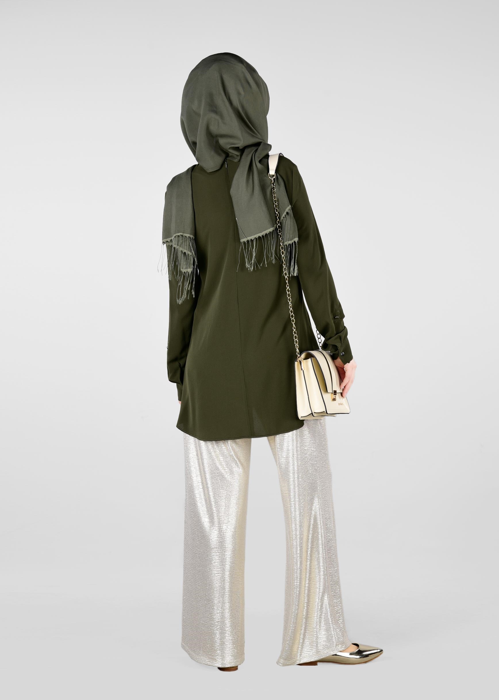 Tesettür giyim HAKİ TAŞ VE YAZI BASKILI BLUZ 4106 