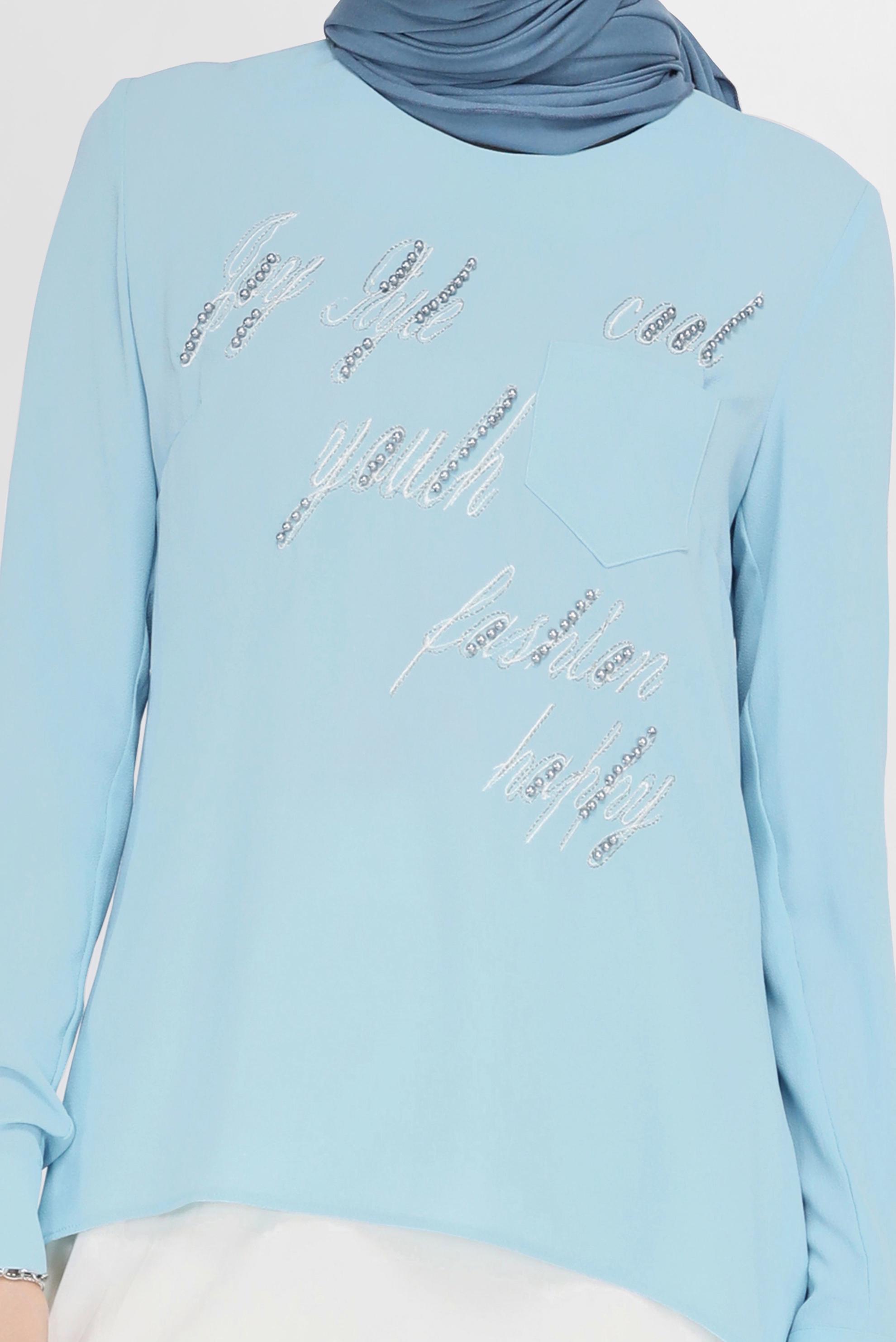 Tesettür giyim MAVİ TAŞ VE YAZI BASKILI BLUZ 4106 