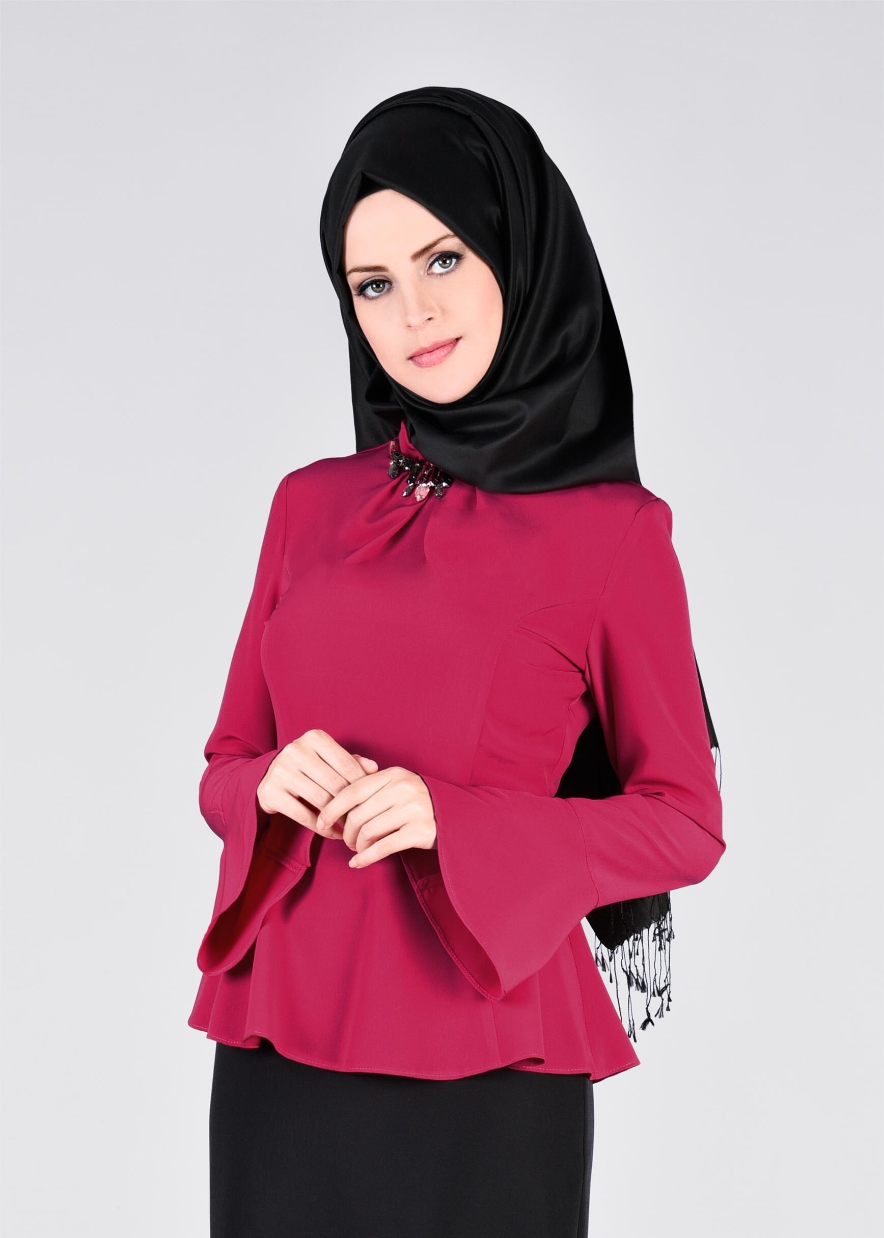 Tesettür giyim FUŞYA TAŞ DETAYLI İSPANYOL KOL BLUZ 4145 
