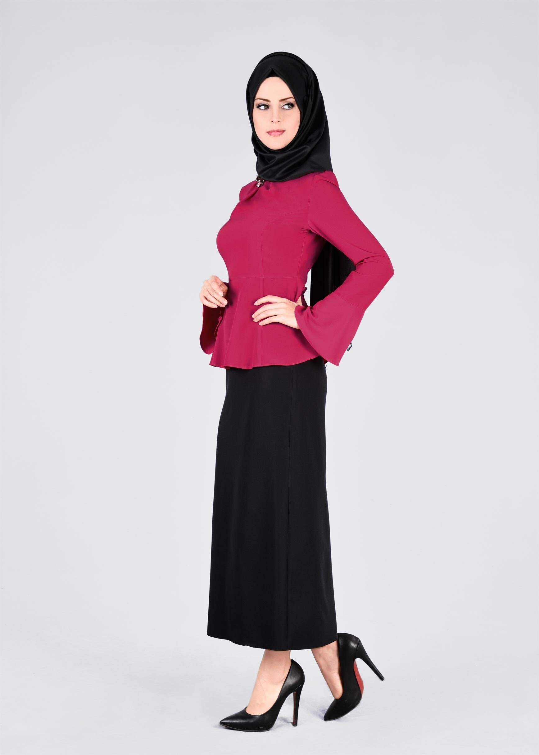 Tesettür giyim FUŞYA TAŞ DETAYLI İSPANYOL KOL BLUZ 4145 
