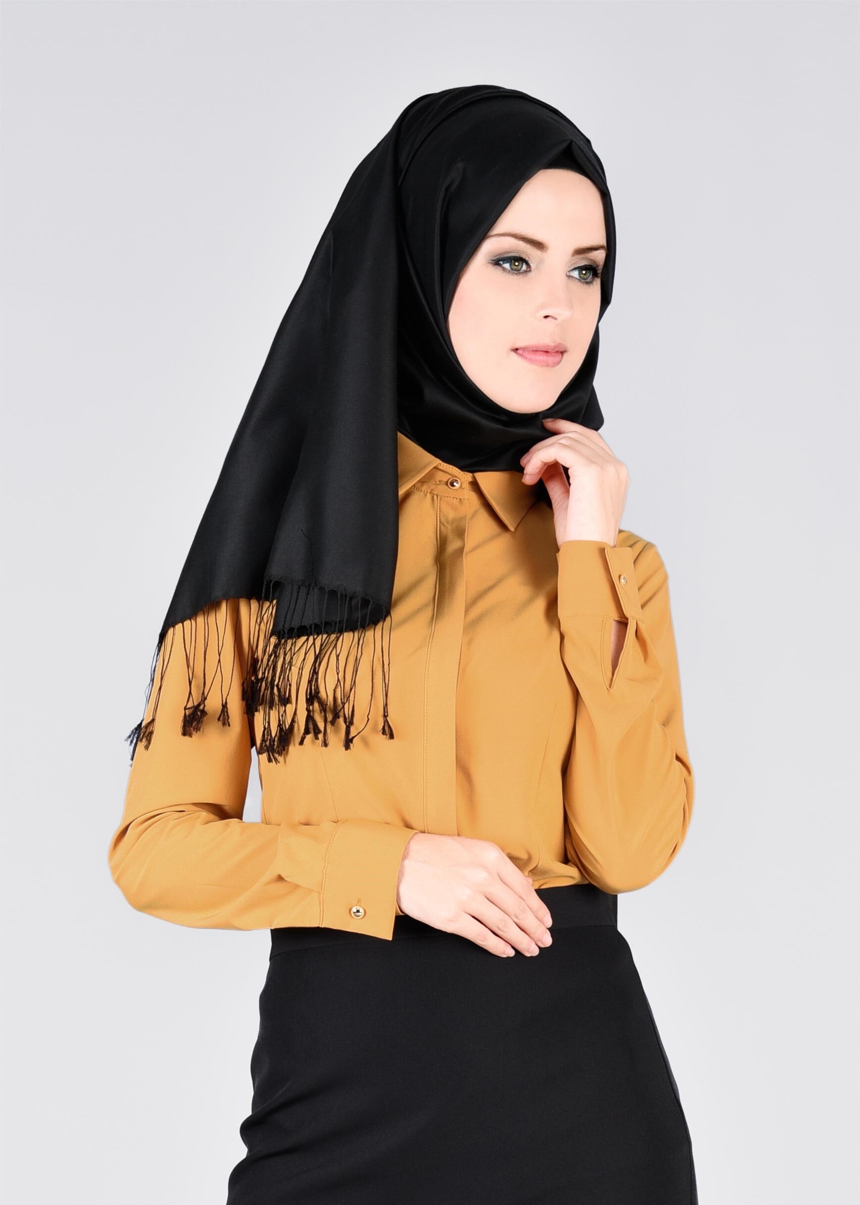 Tesettür giyim SARI GÖMLEK YAKA DETAYLI DÜĞMELİ BLUZ 4169