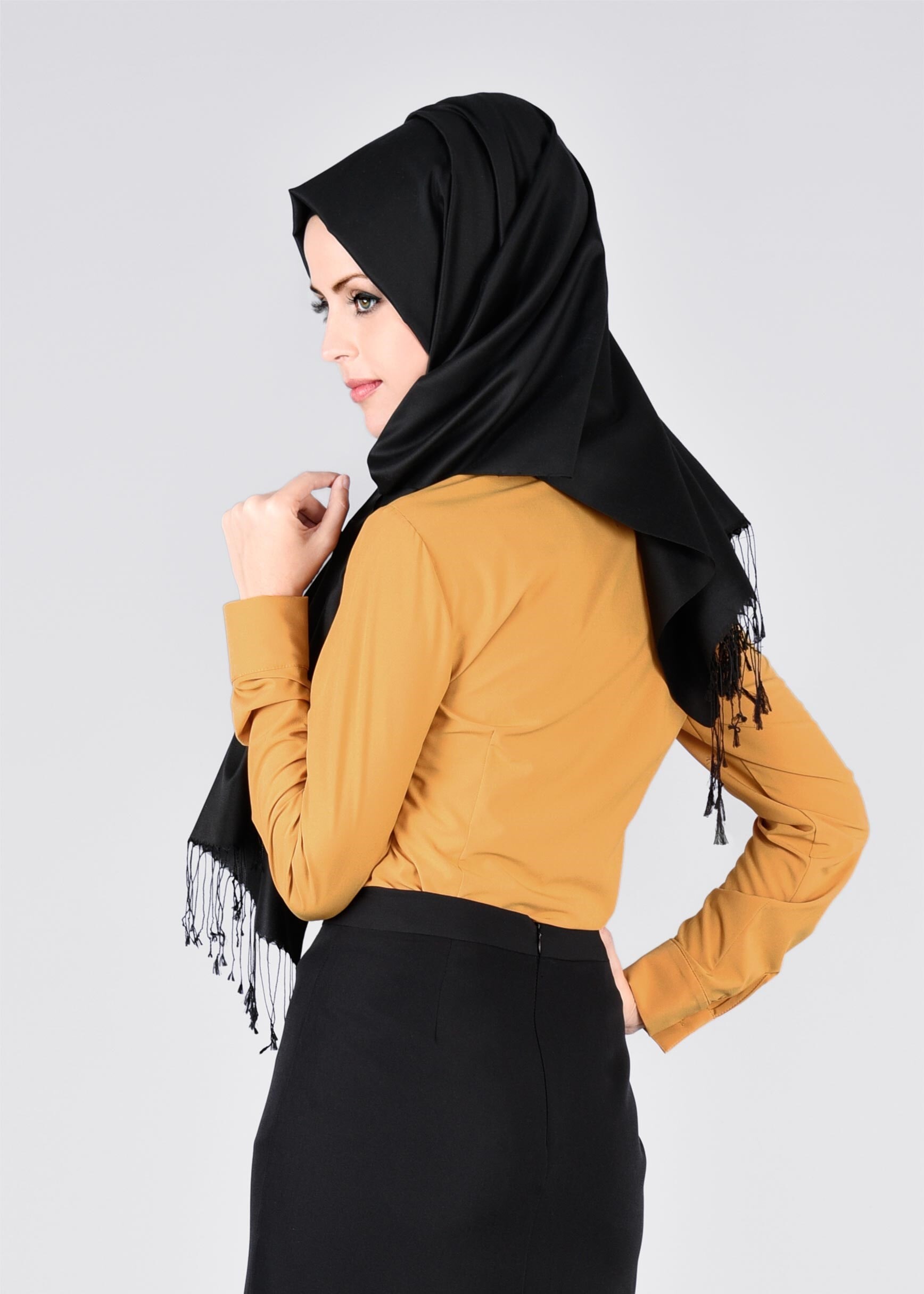 Tesettür giyim SARI GÖMLEK YAKA DETAYLI DÜĞMELİ BLUZ 4169