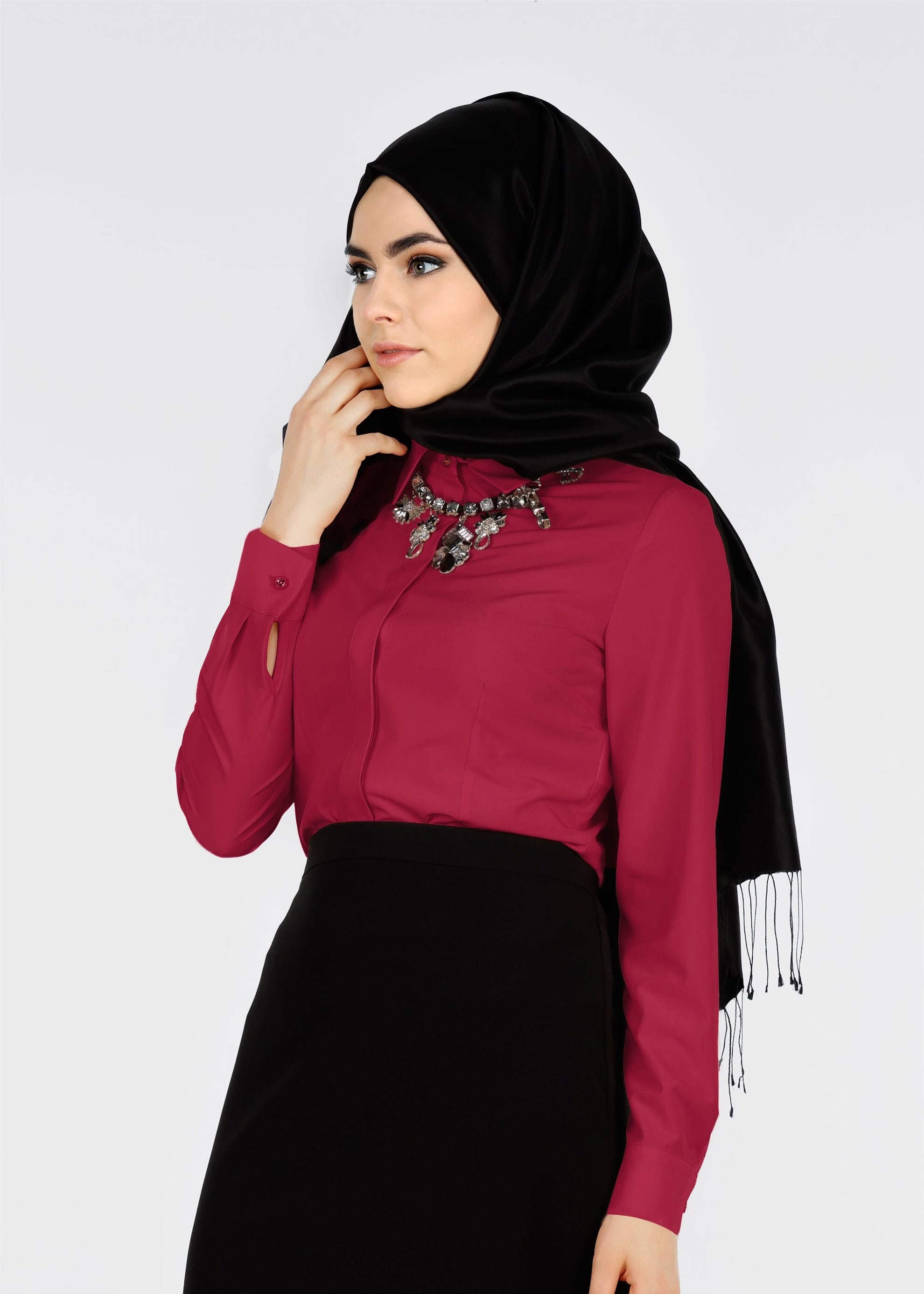 Tesettür giyim FUŞYA GÖMLEK YAKA DETAYLI DÜĞMELİ BLUZ 4169