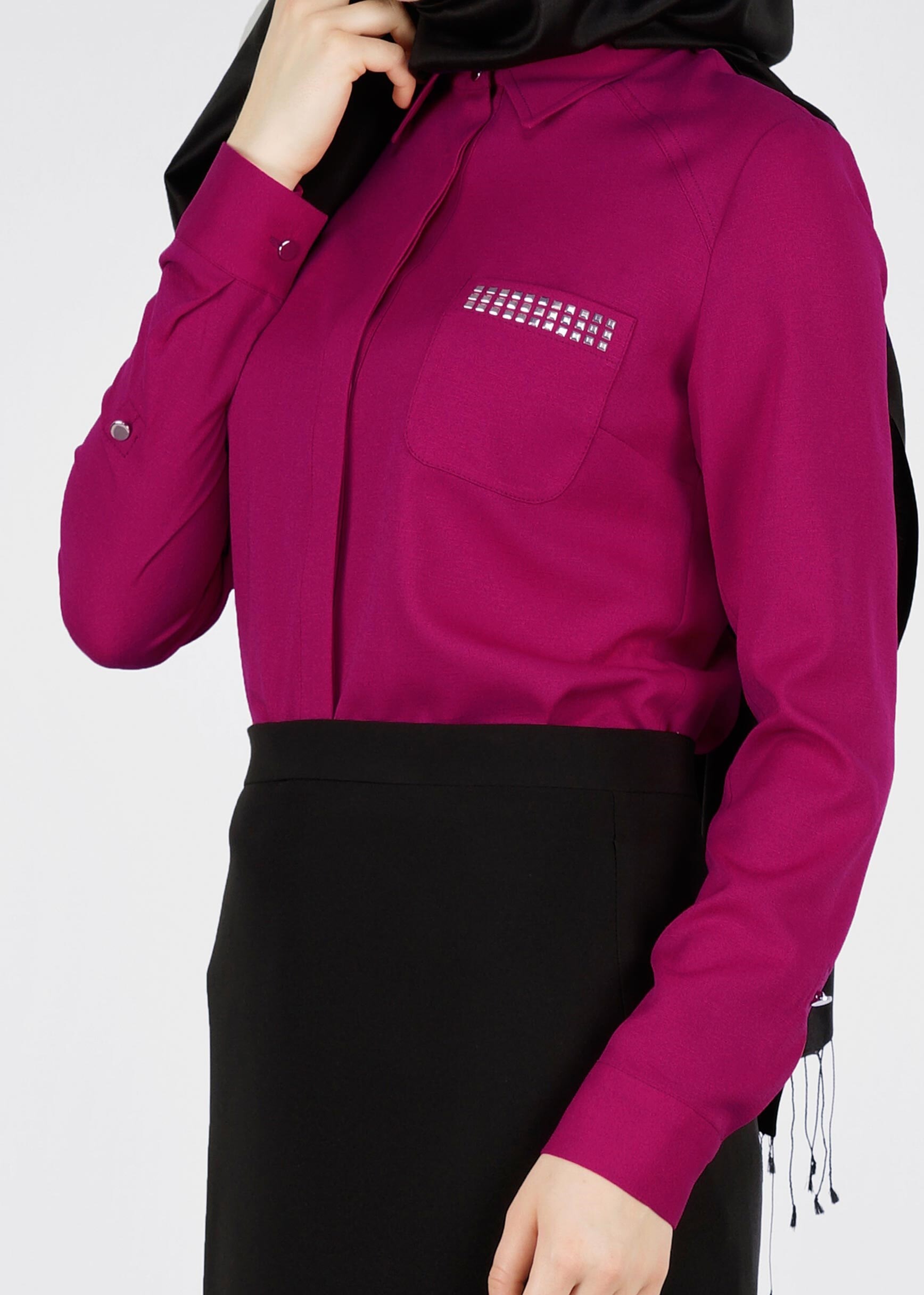 Tesettür giyim FUŞYA ZIMBA DETAYLI GİZLİ DÜĞMELİ BLUZ 4249