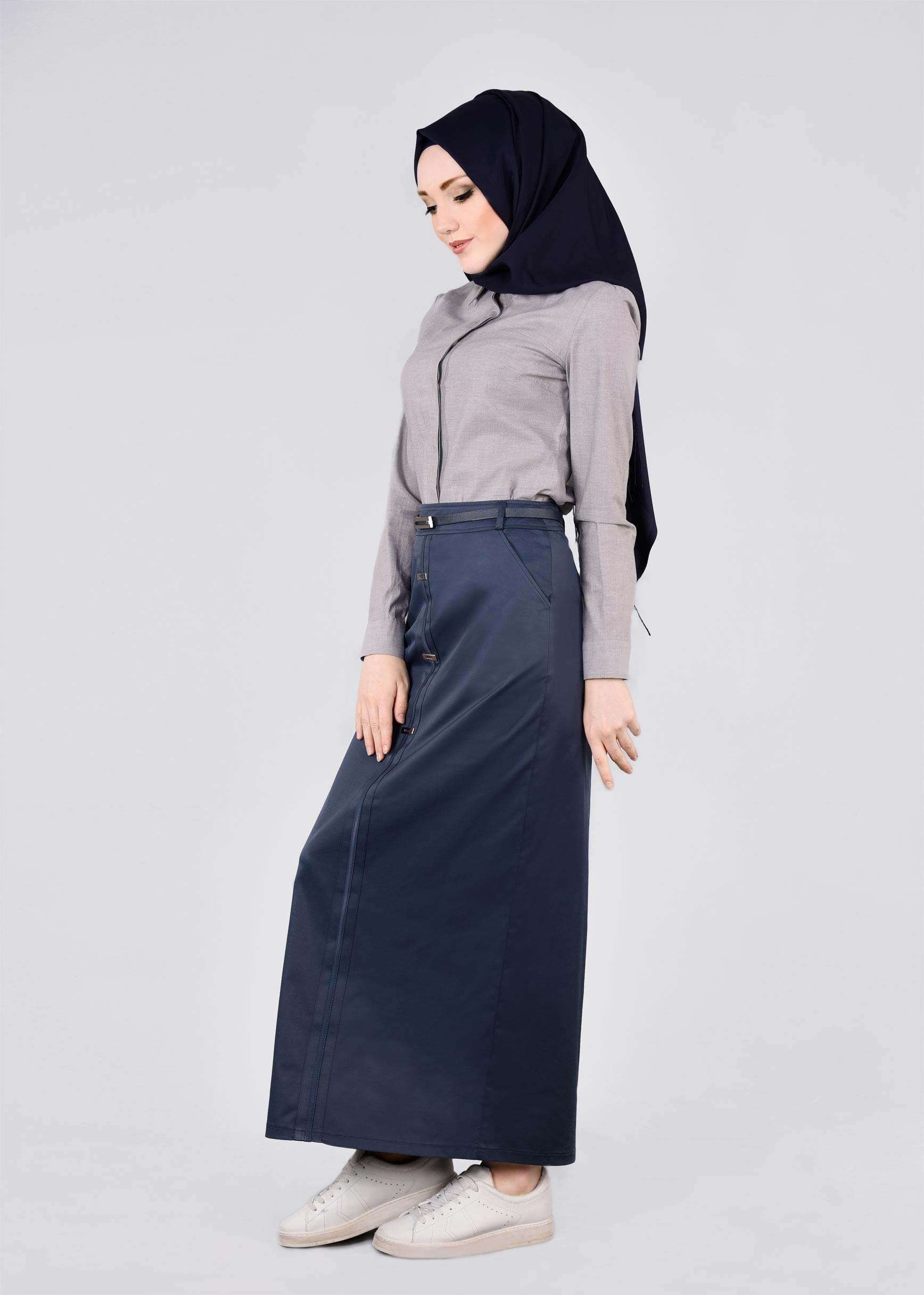 Tesettür giyim GRİ GÖMLEK YAKA DÜĞMELİ BLUZ 4302 