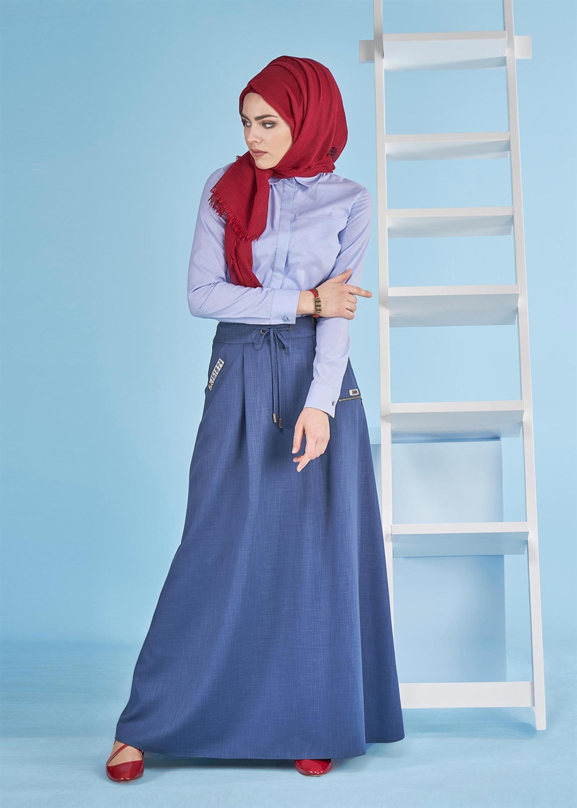 Tesettür giyim MAVİ GÖMLEK YAKA DÜĞMELİ BLUZ 4302 