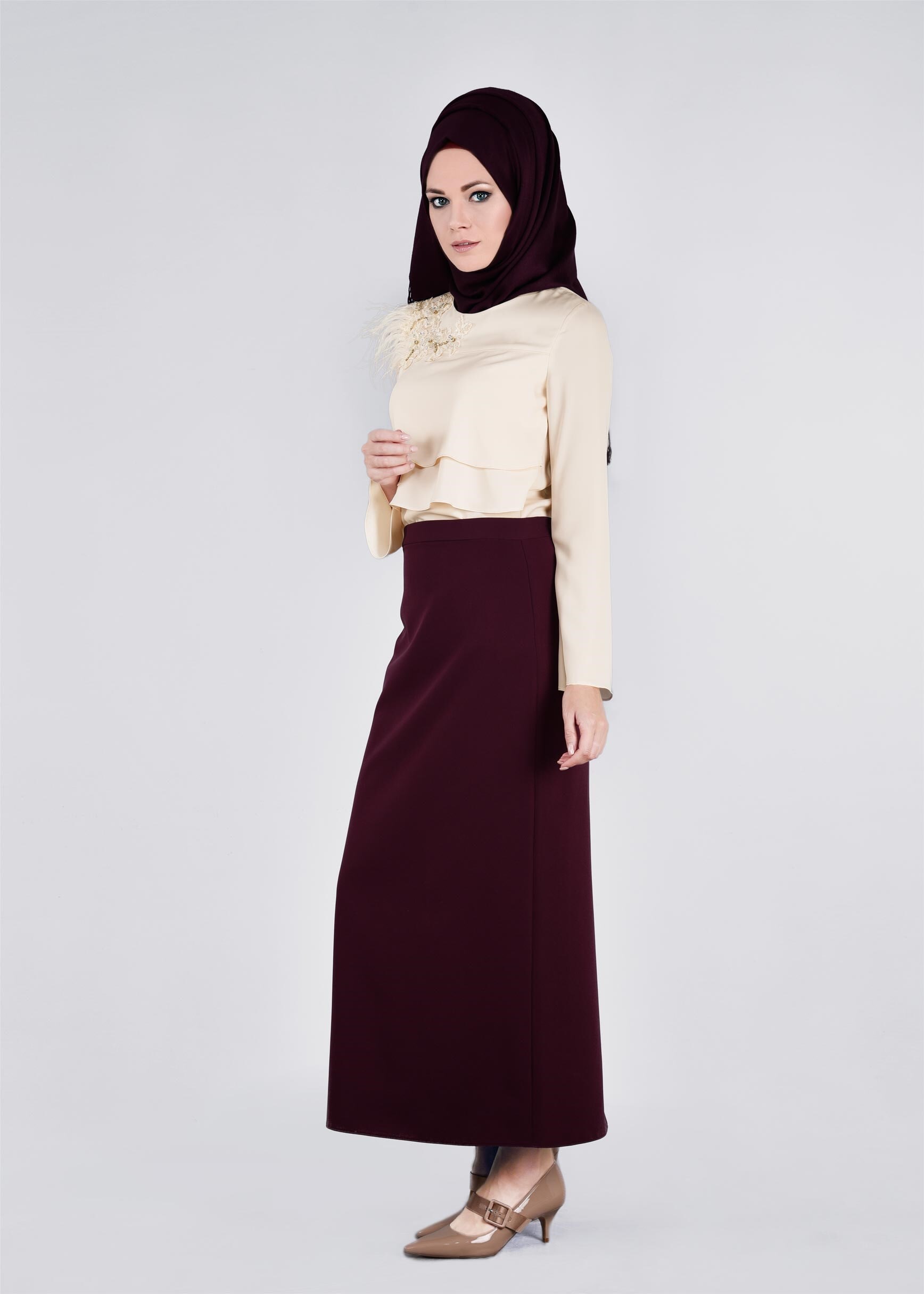 Tesettür giyim BEJ NAKIŞ DETAYLI TÜYLÜ BLUZ 4416