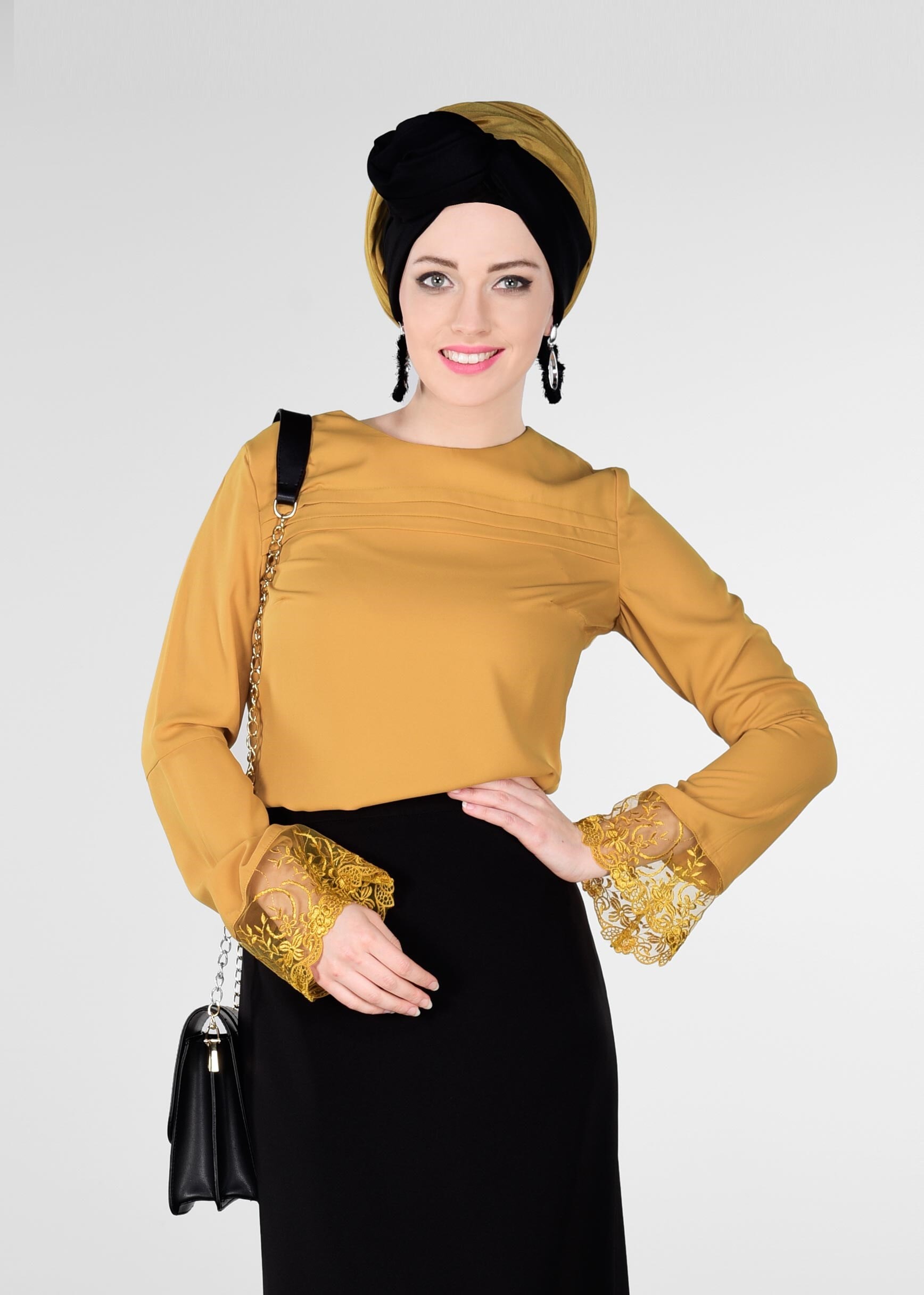 Tesettür giyim SARI MANŞETLERİ TÜL NAKIŞ İŞLEMELİ BLUZ 4419