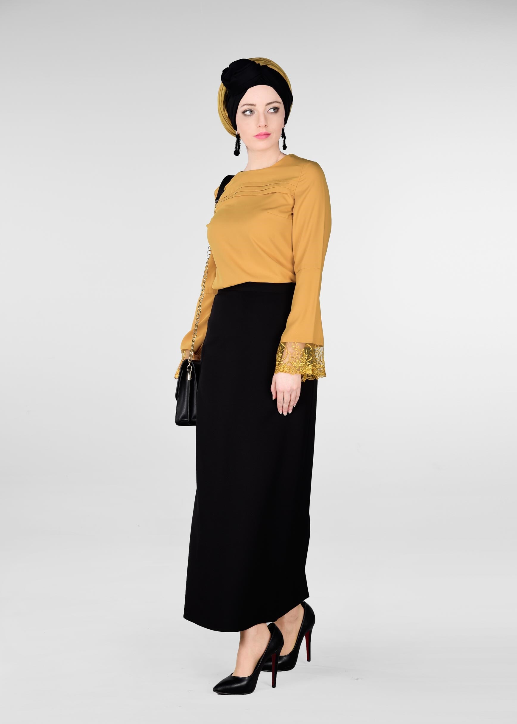 Tesettür giyim SARI MANŞETLERİ TÜL NAKIŞ İŞLEMELİ BLUZ 4419