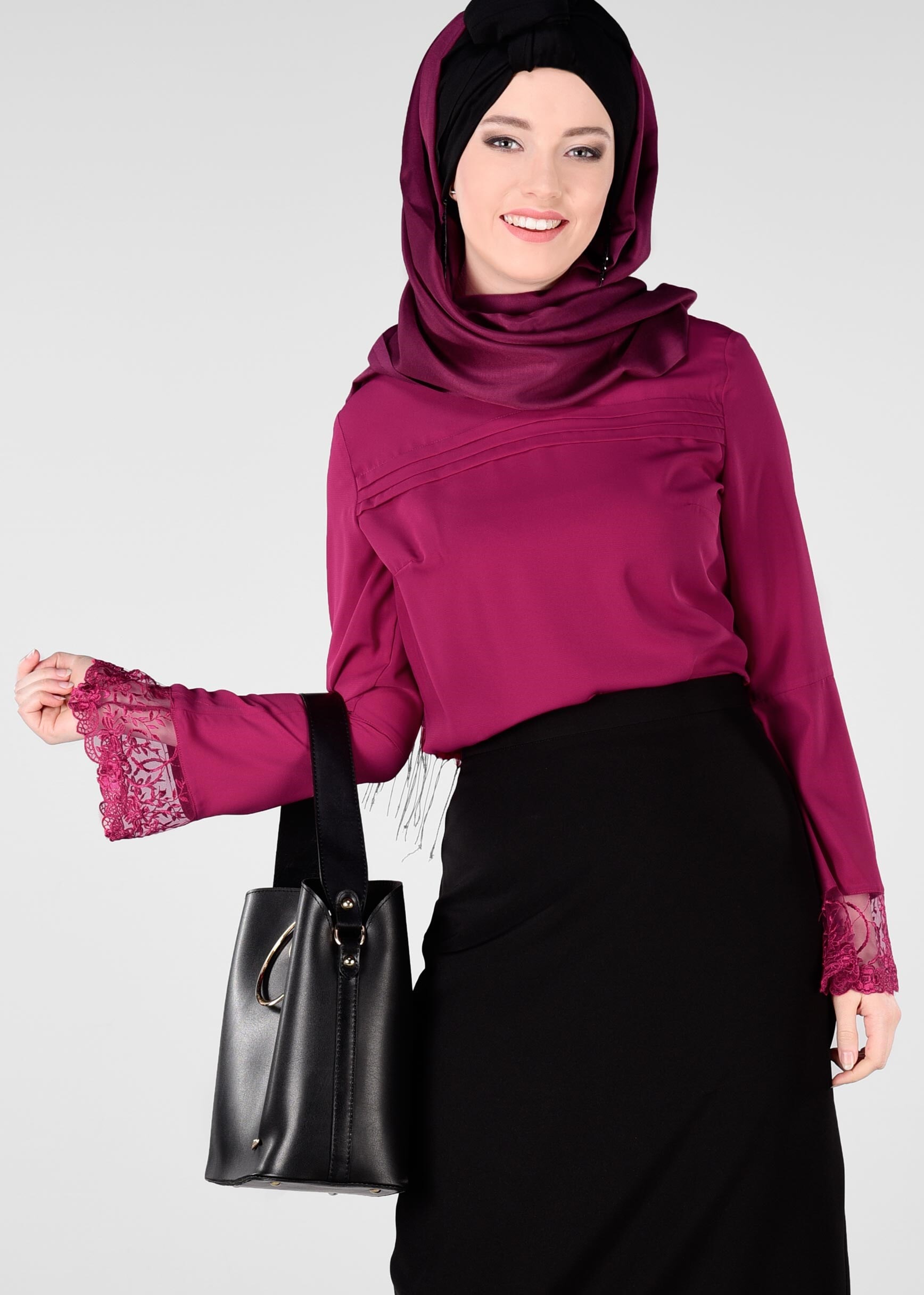 Tesettür giyim FUŞYA MANŞETLERİ TÜL NAKIŞ İŞLEMELİ BLUZ 4419