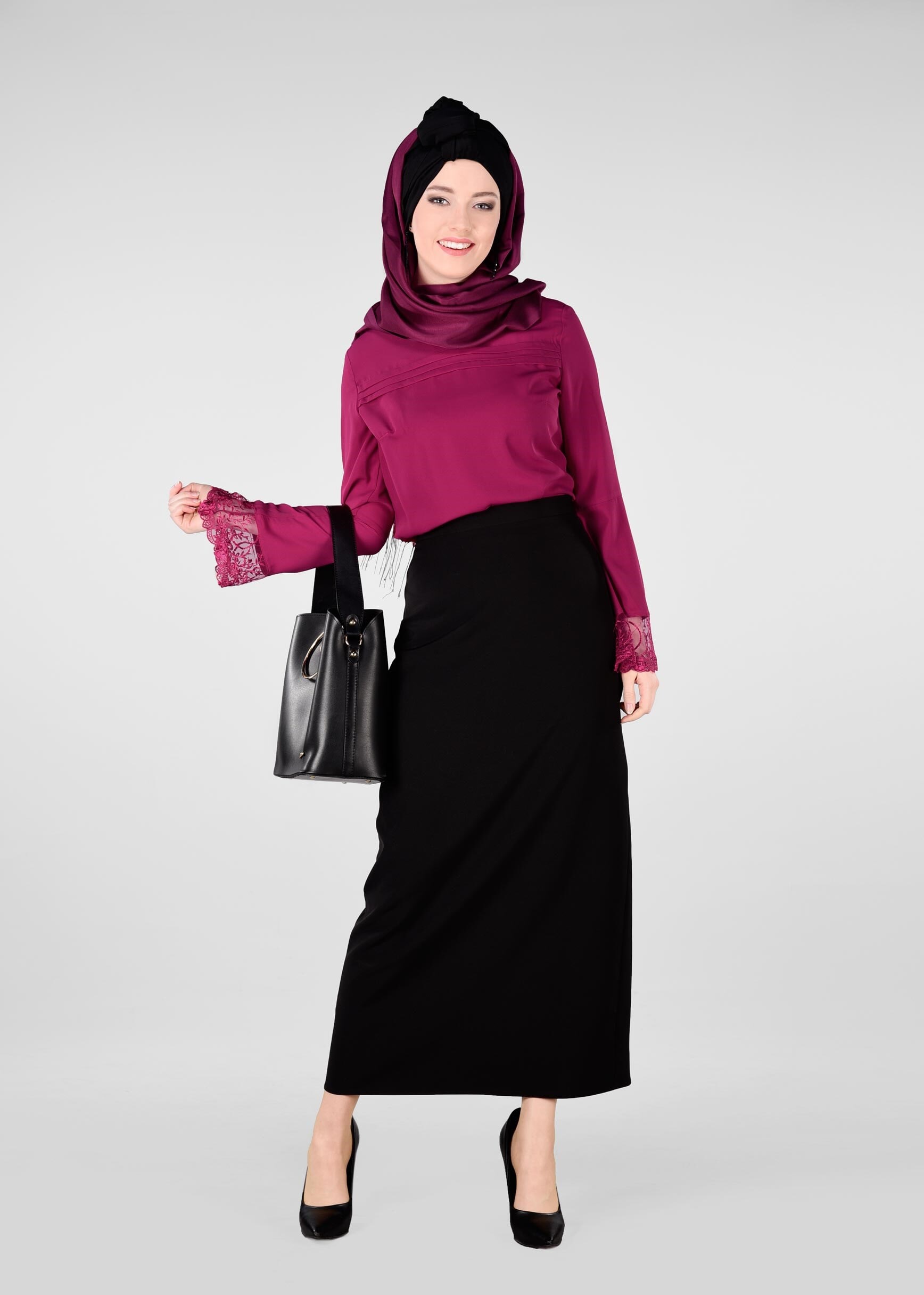 Tesettür giyim FUŞYA MANŞETLERİ TÜL NAKIŞ İŞLEMELİ BLUZ 4419