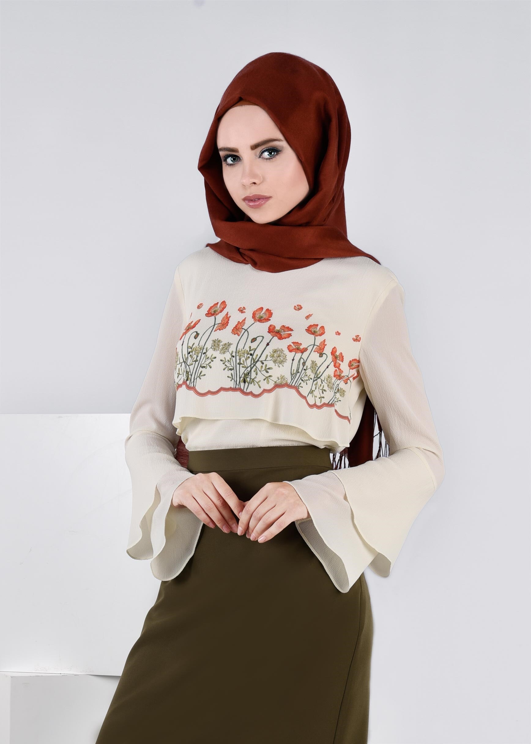 Tesettür giyim EKRU 4516 EVA CRAP BLUZ 38/44 TEK36