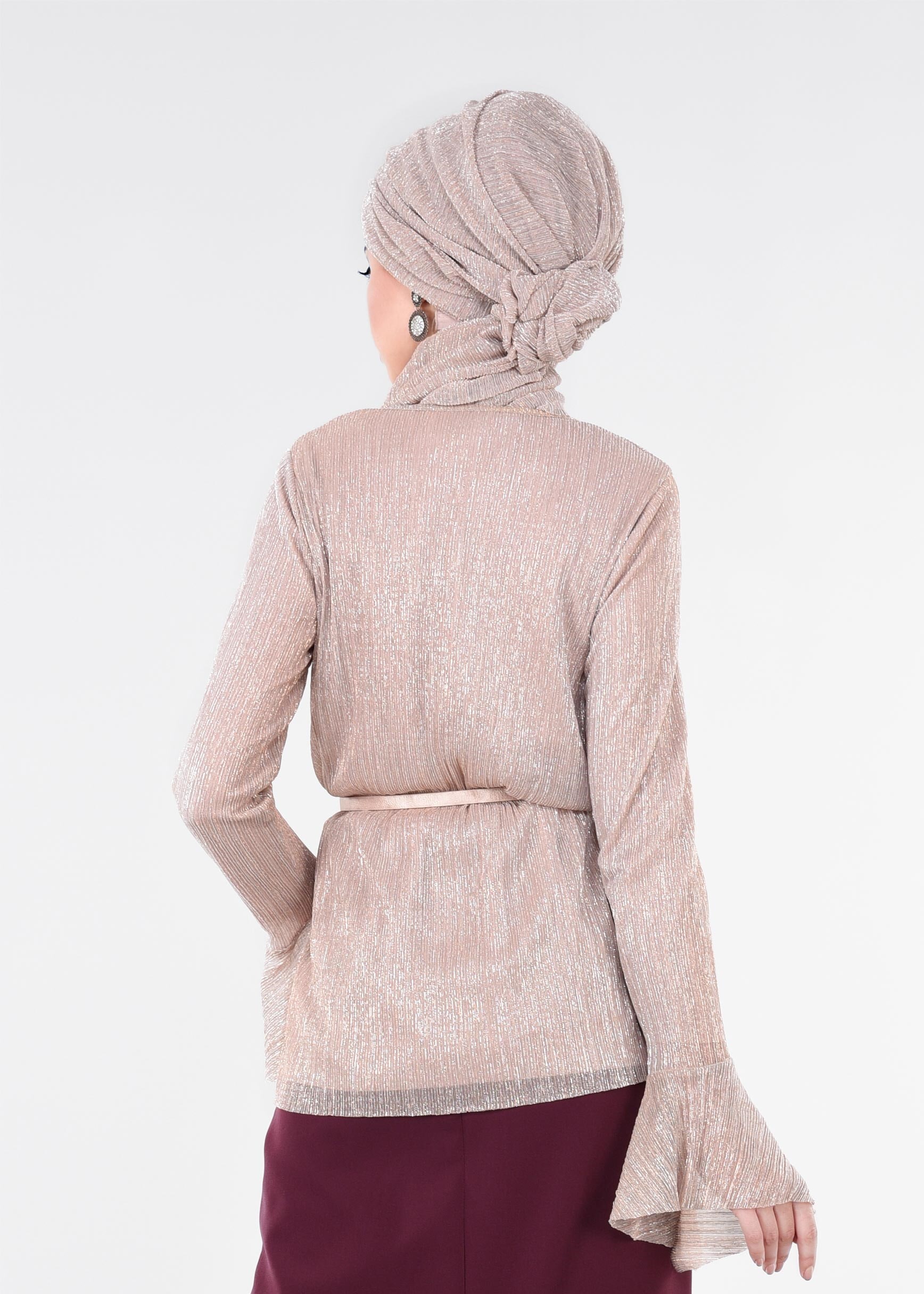 Tesettür giyim PUDRA MANŞETLERİ VOLANLI BLUZ 4526