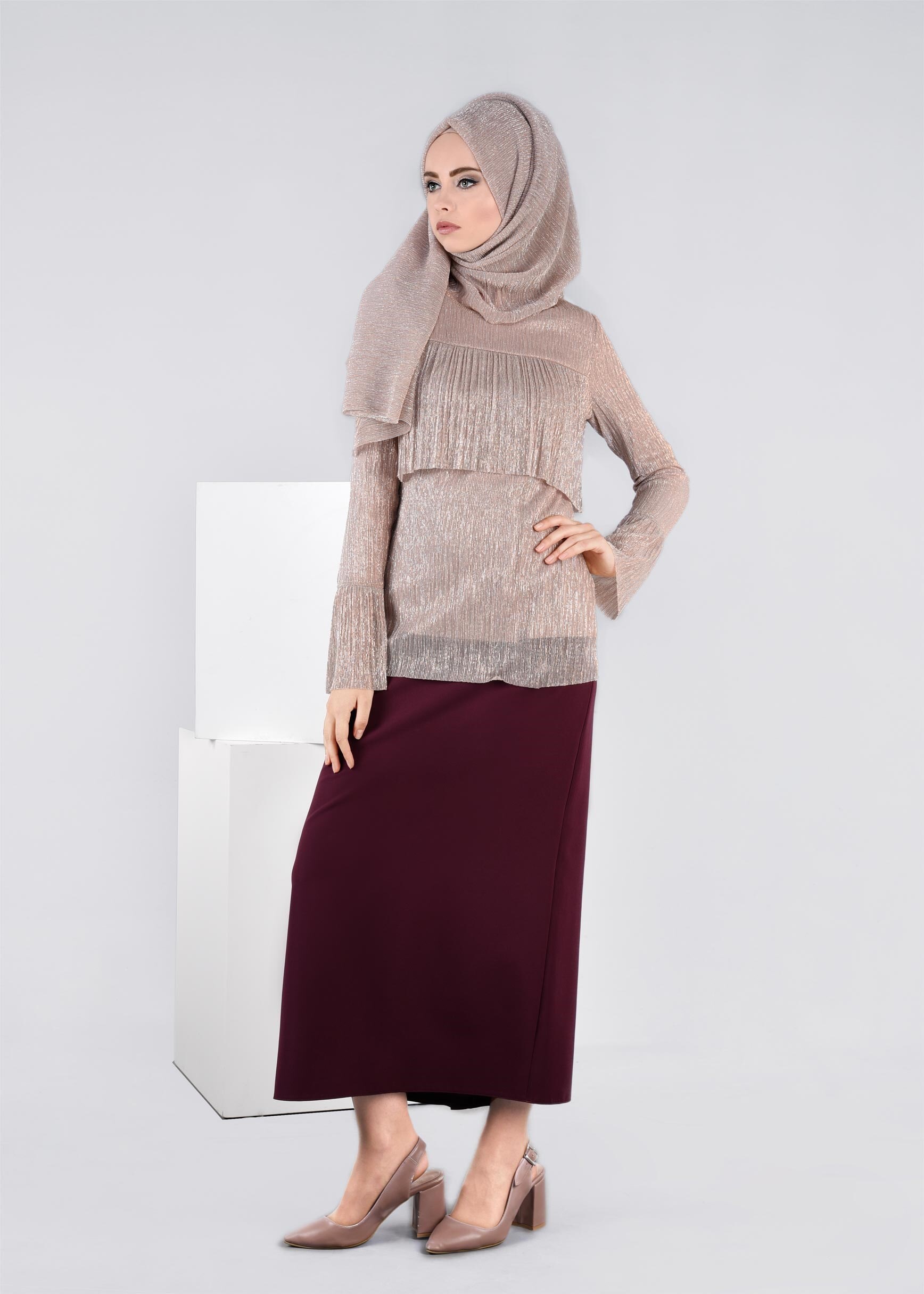 Tesettür giyim PUDRA MANŞETLERİ VOLANLI FIRFIRLI BLUZ 4527