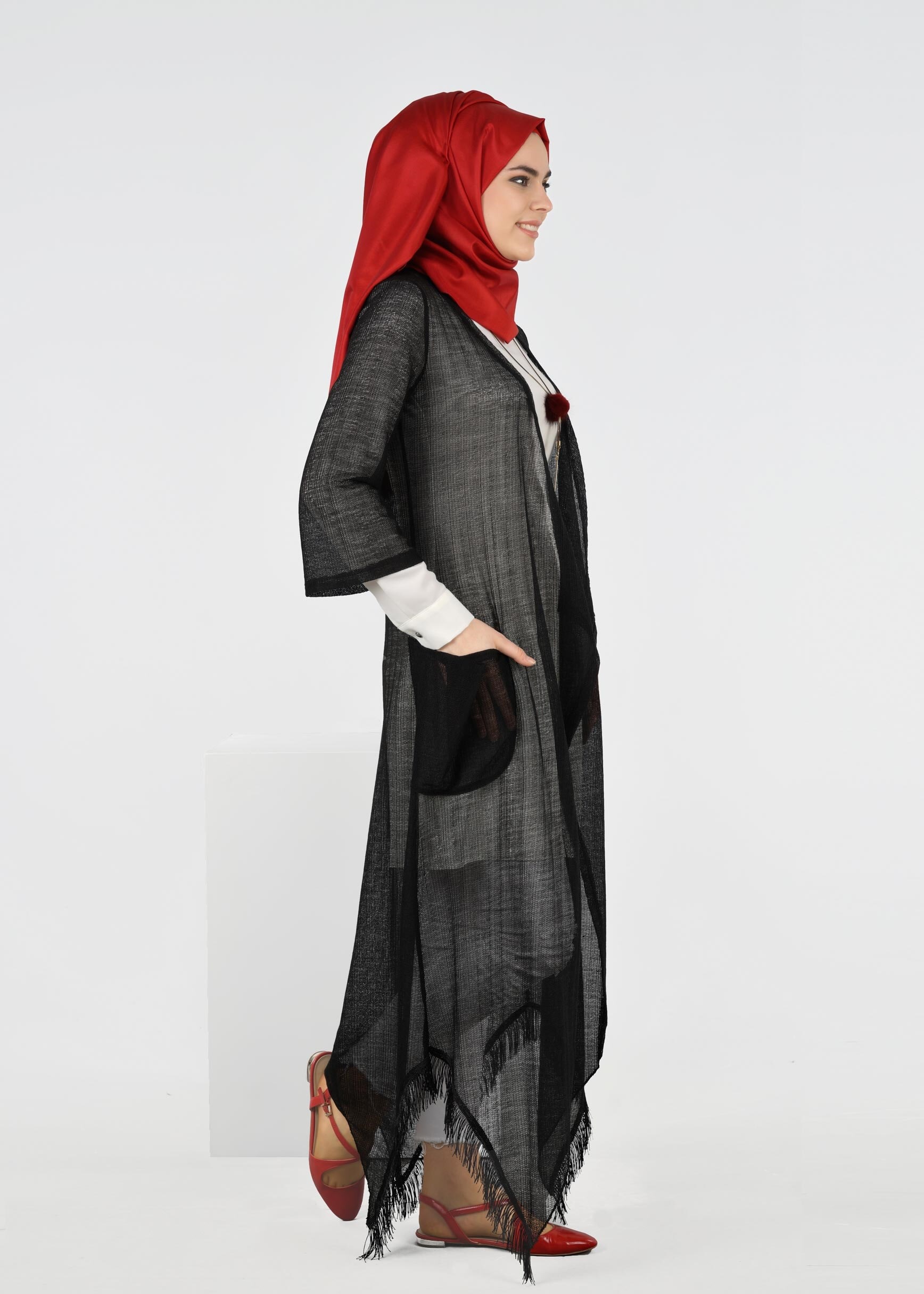 Tesettür giyim SİYAH 4141 ÇİZGİLİ DANTEL TESETTÜR CEKET 38/46